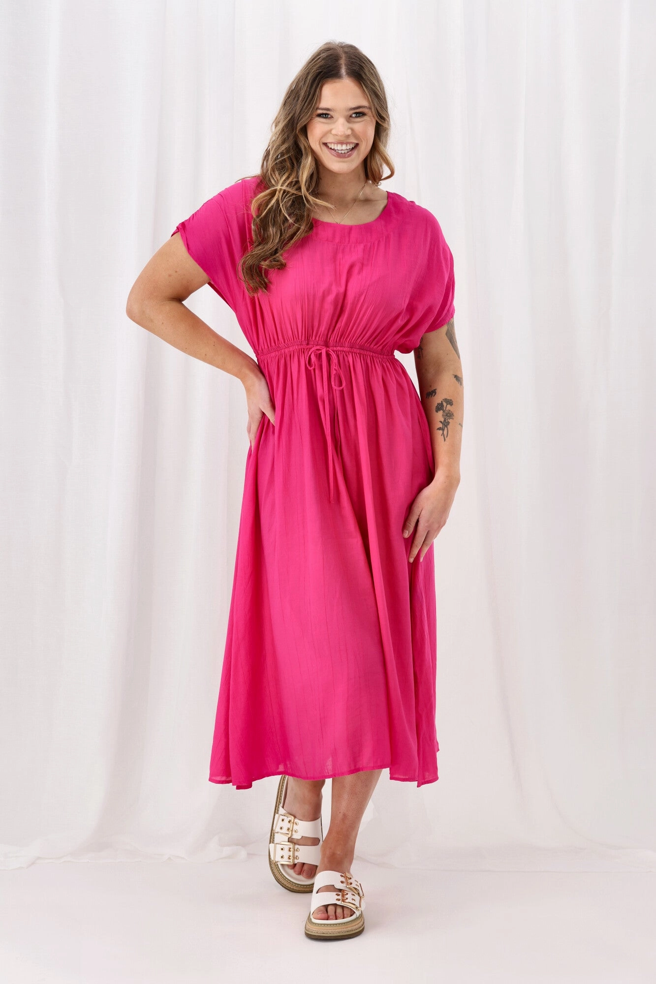 Smart Texture Satin-Sleeve Sunday Boho Myra Shirred Shoulder Dress Fuchsia