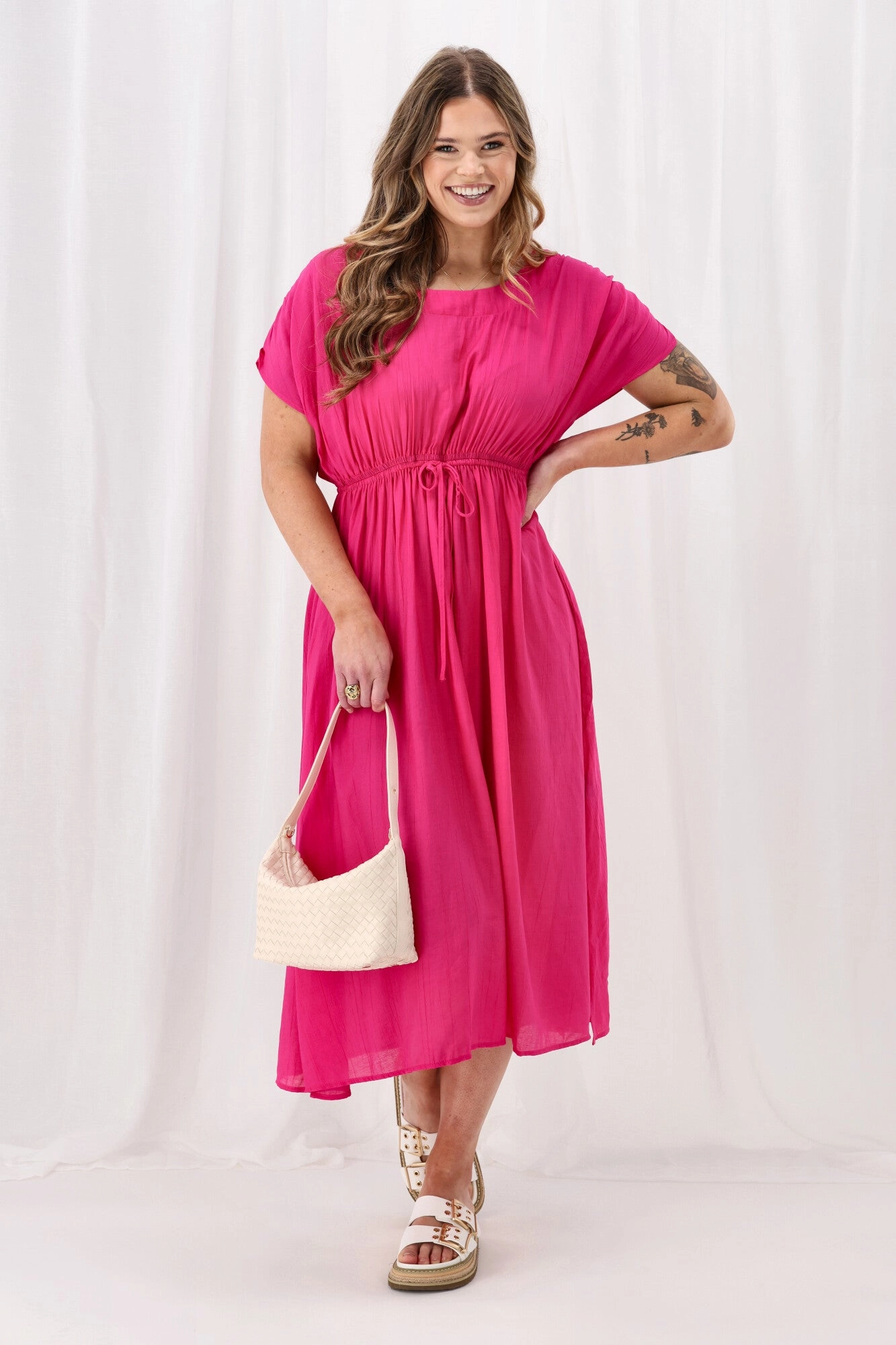 Removable-Straps packable Sunday Boho Myra Shirred Shoulder Dress Fuchsia