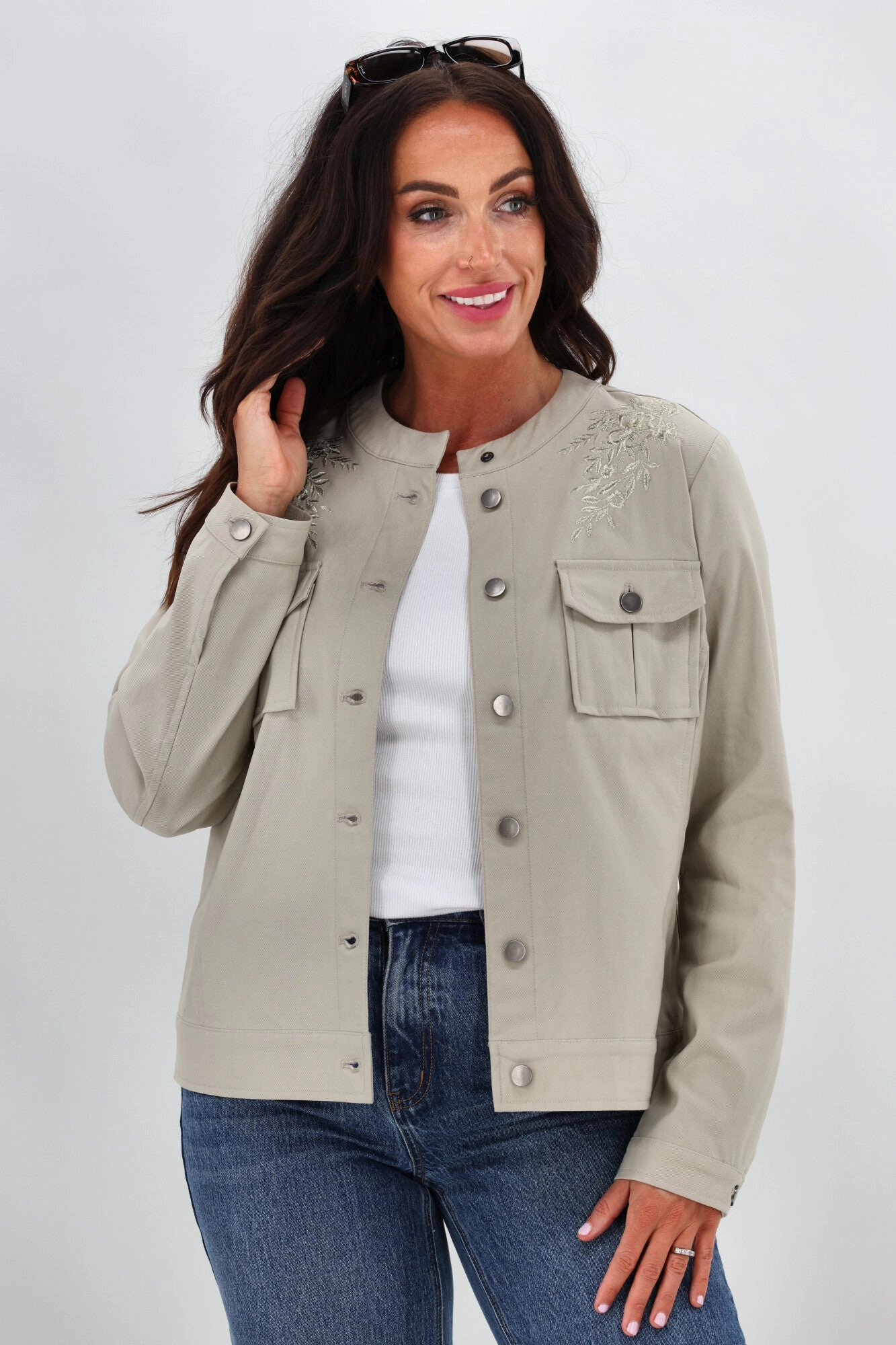 Aramid Fiber Blend Adaptive Layering System Sunday Boho Teller Embroidered Yoke Jacket Natural