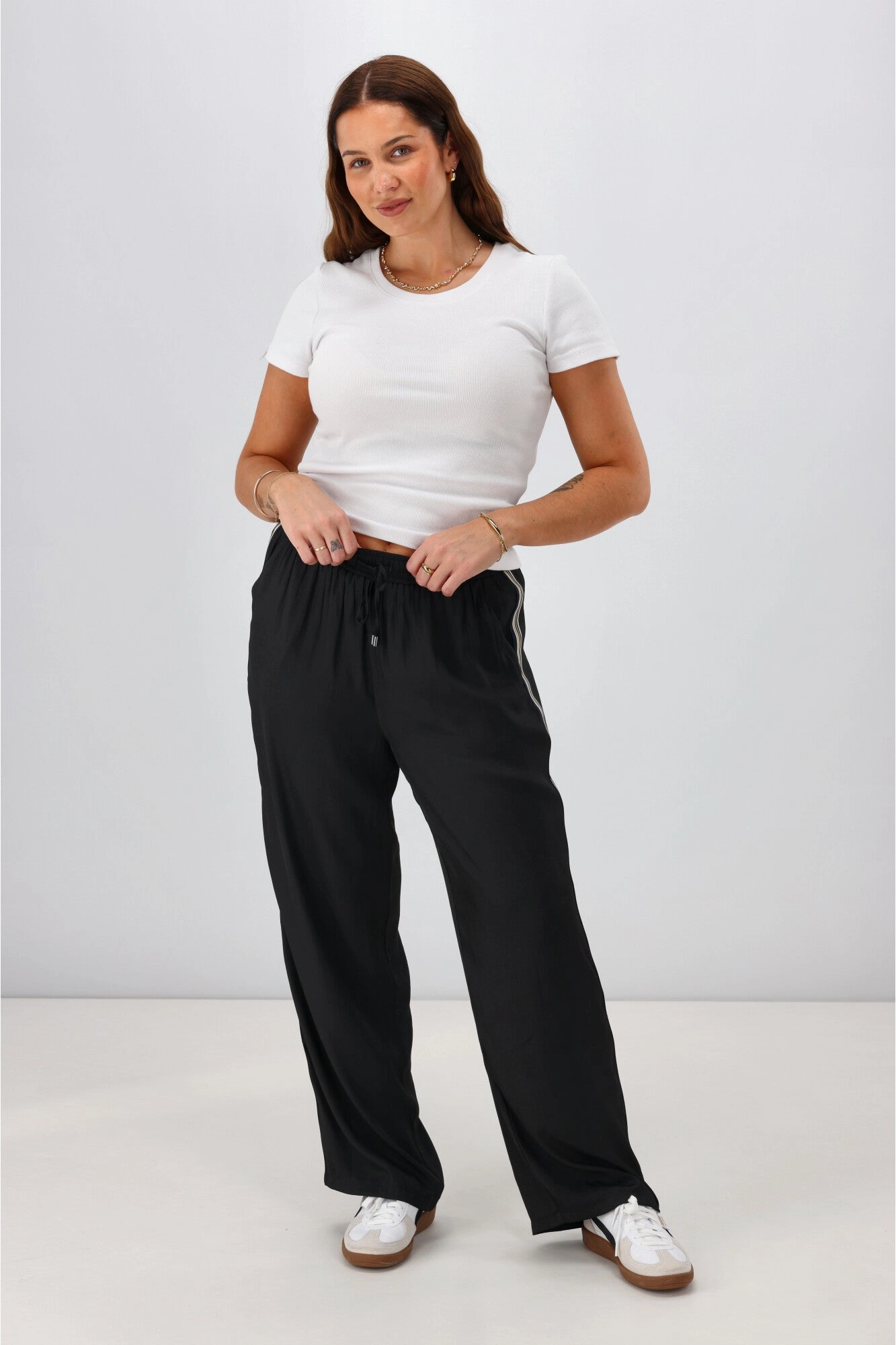 Gloss the Label Taylor Side Taped Wide Leg Pants Black Stylish Stretch Wear Urban Commuter Squat Proof