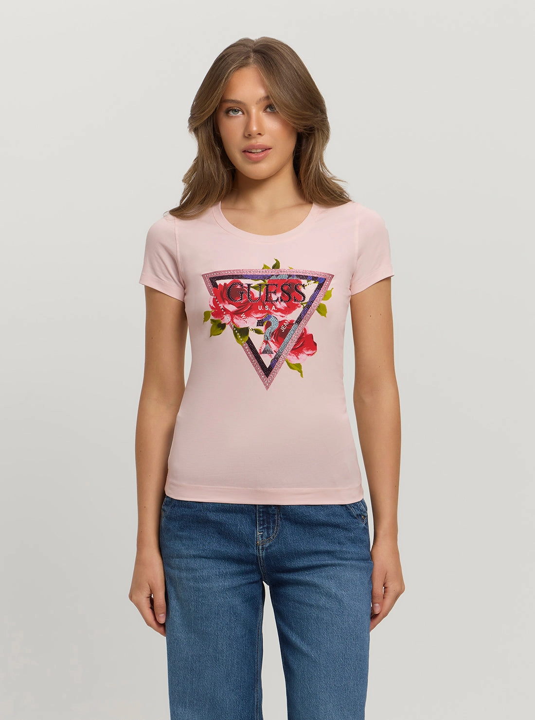 Biodegradable Fiber Ribbed Neckline Eco Pink Roses Logo T-Shirt