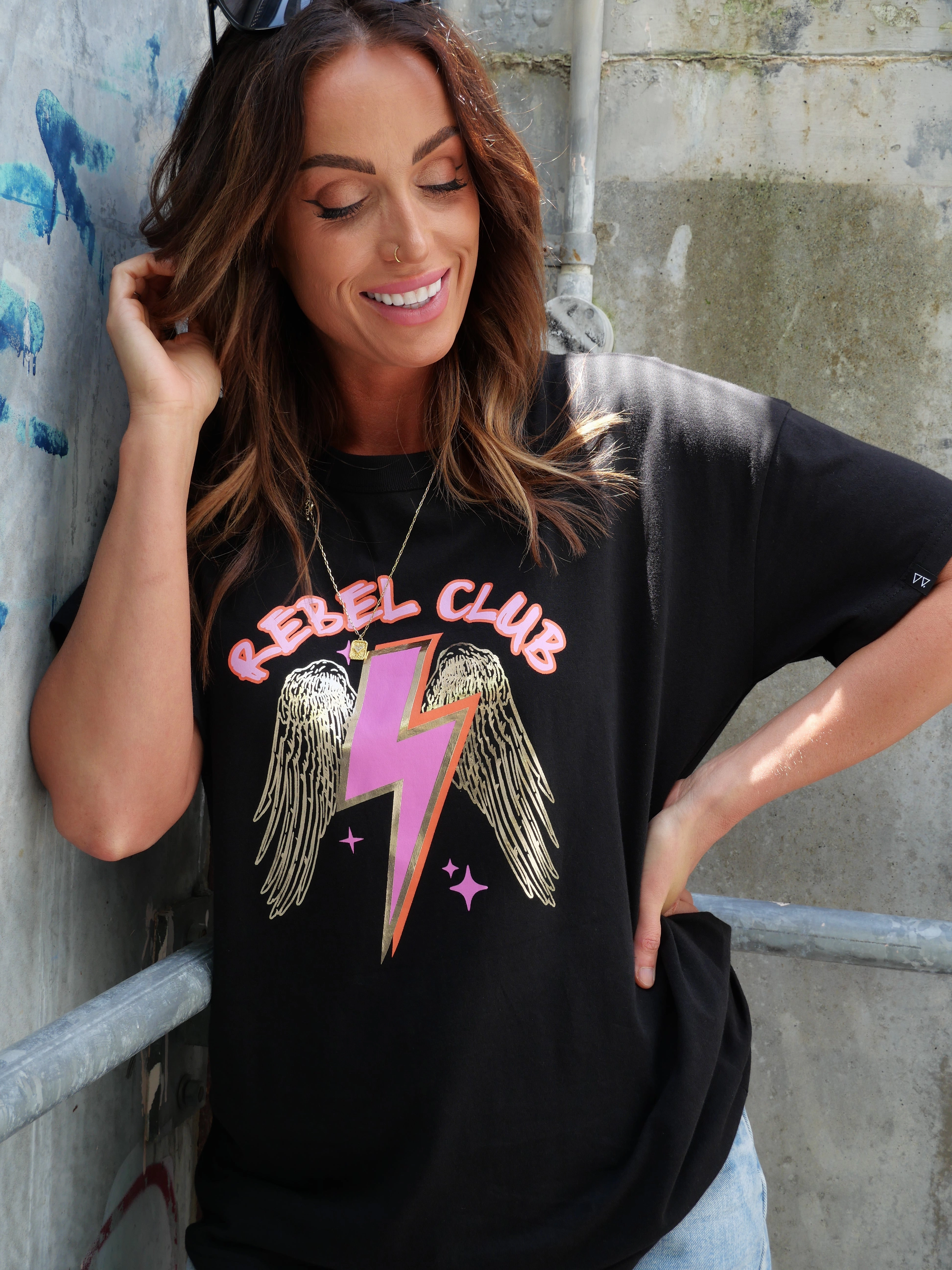 Rebel Club by Shine On Angelic Stars Boyfriend Tee Jet Black Effortless Wearable