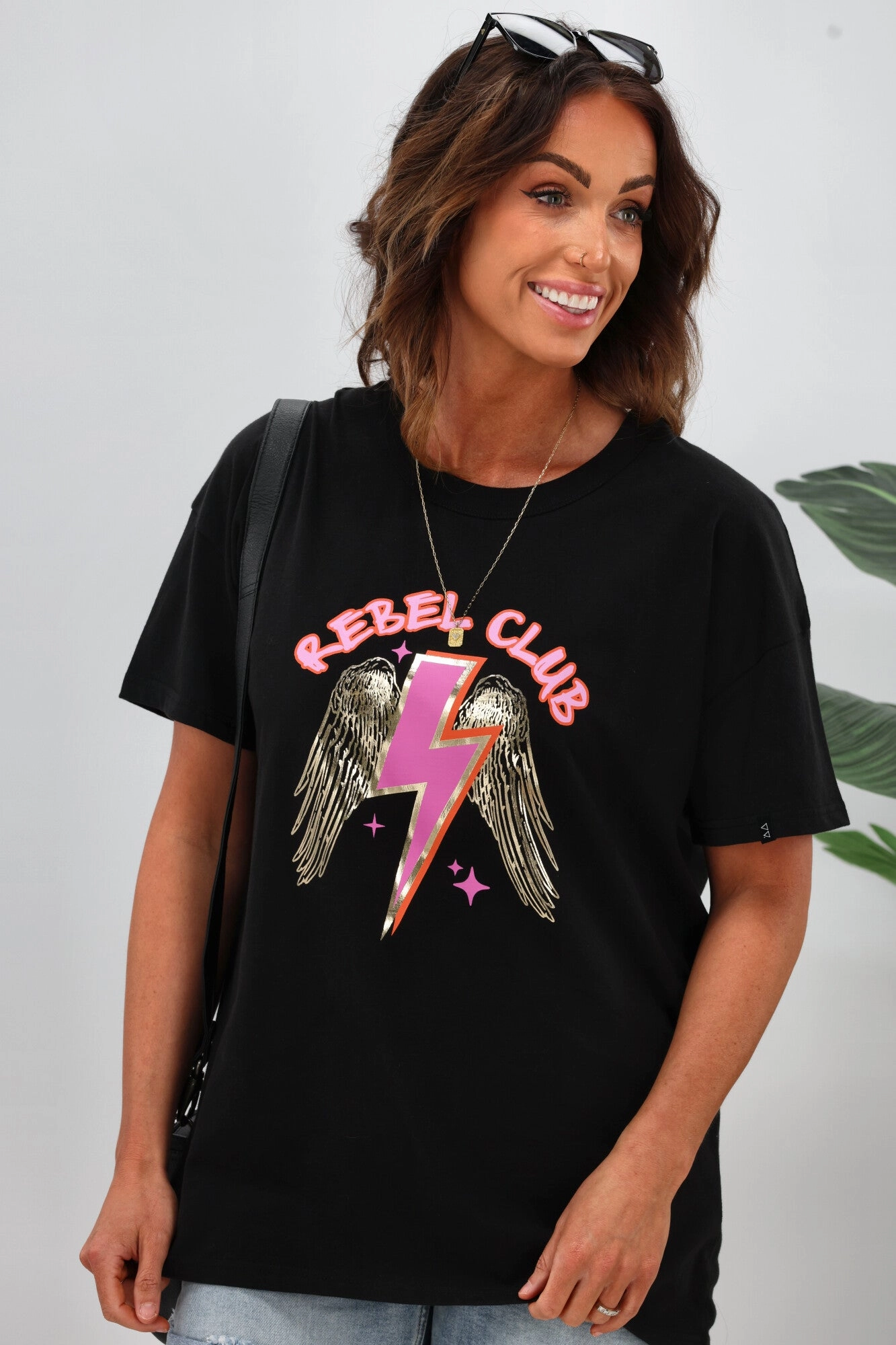 Rebel Club by Shine On Angelic Stars Boyfriend Tee Jet Black Essential Wear Cozy Design