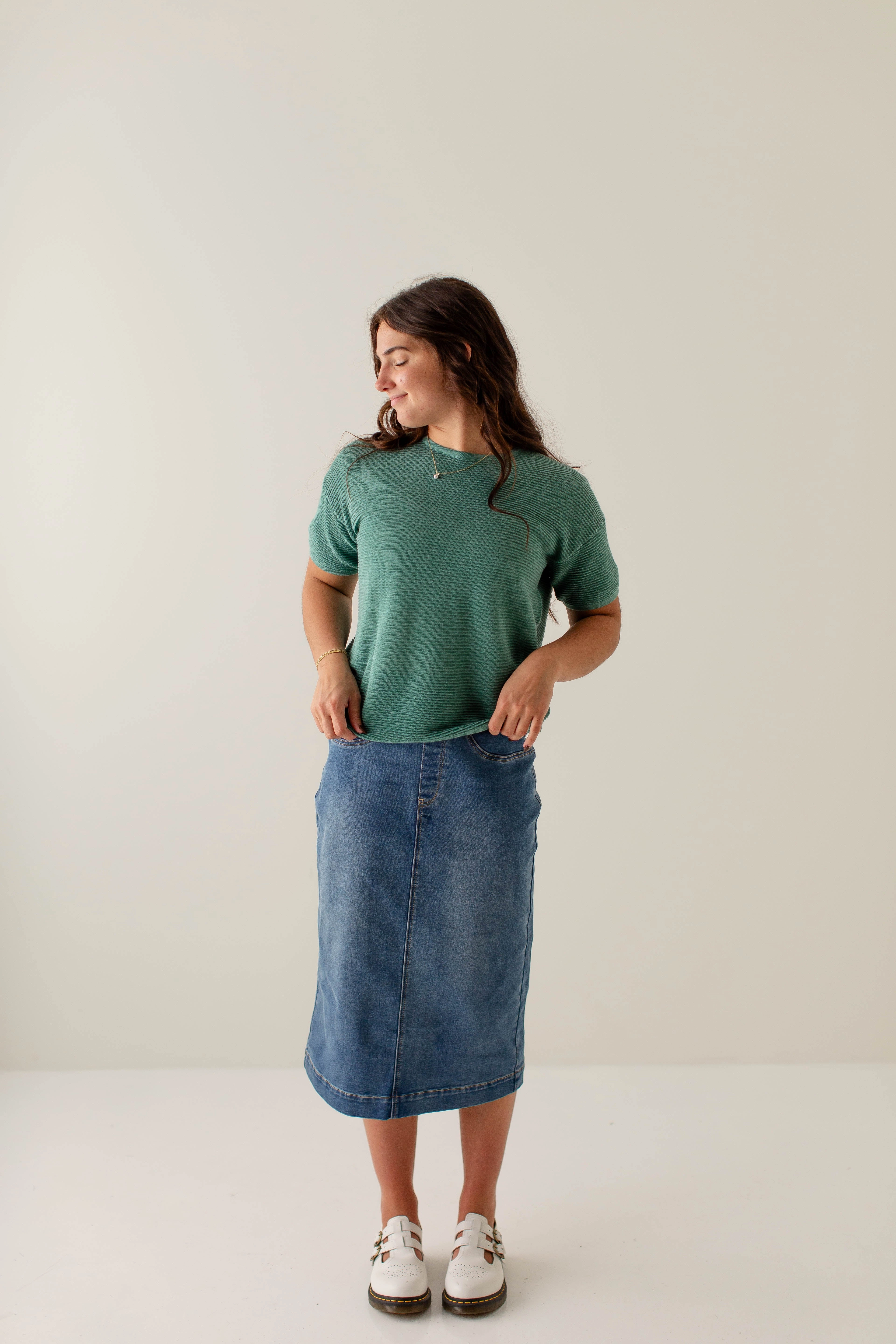 'Sara' Classic Knee Length Skirt in Medium Wash Reinforced Hemline