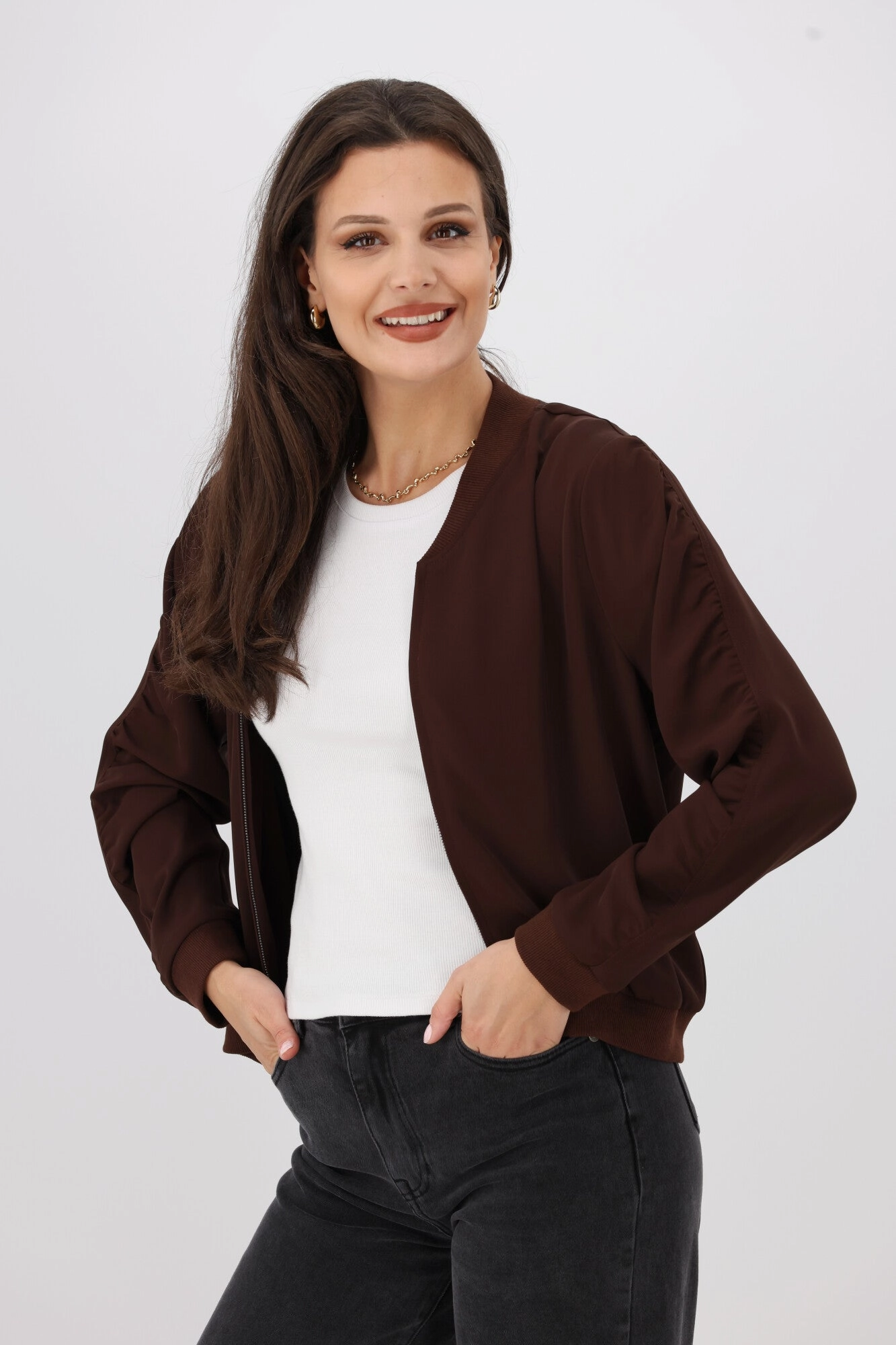 Foldable Collar Quick Access Pockets Shine On Label Hailey Gathered Sleeve Bomber Jacket Chocolate