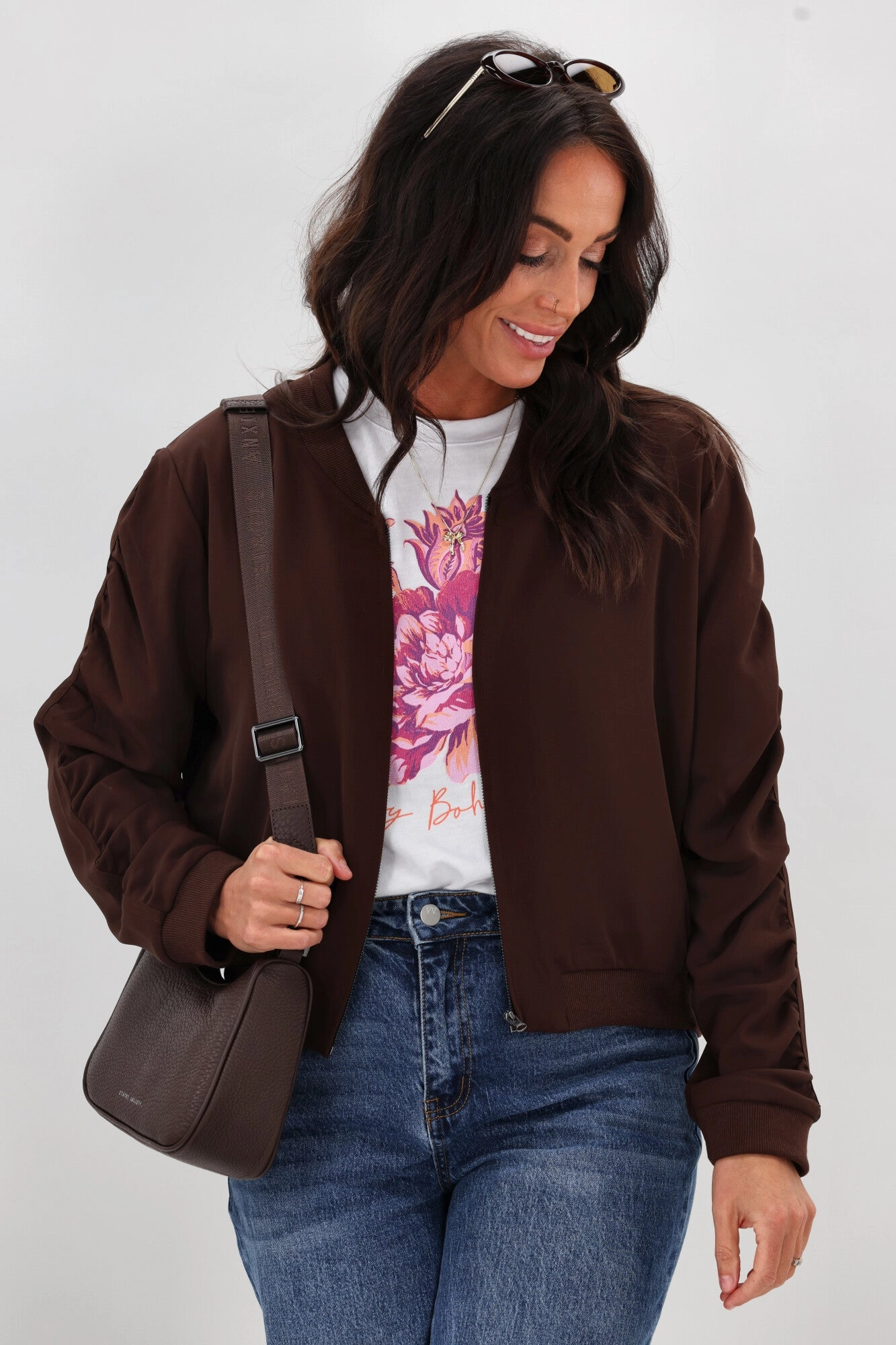 Shine On Label Hailey Gathered Sleeve Bomber Jacket Chocolate Crisp Clean Fit Anti Pilling Technology