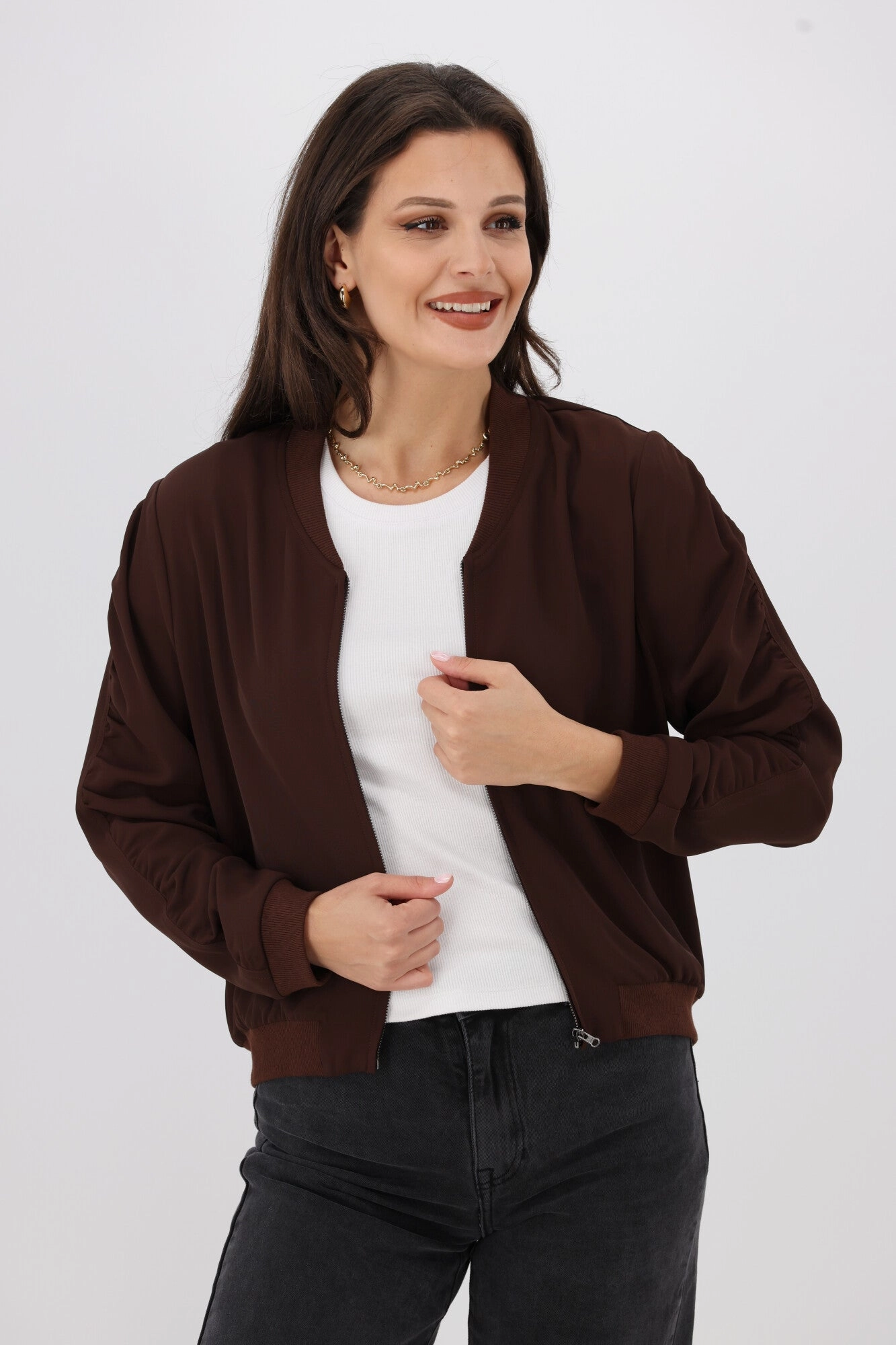 RubberizedTrim Shine On Label Hailey Gathered Sleeve Bomber Jacket Chocolate