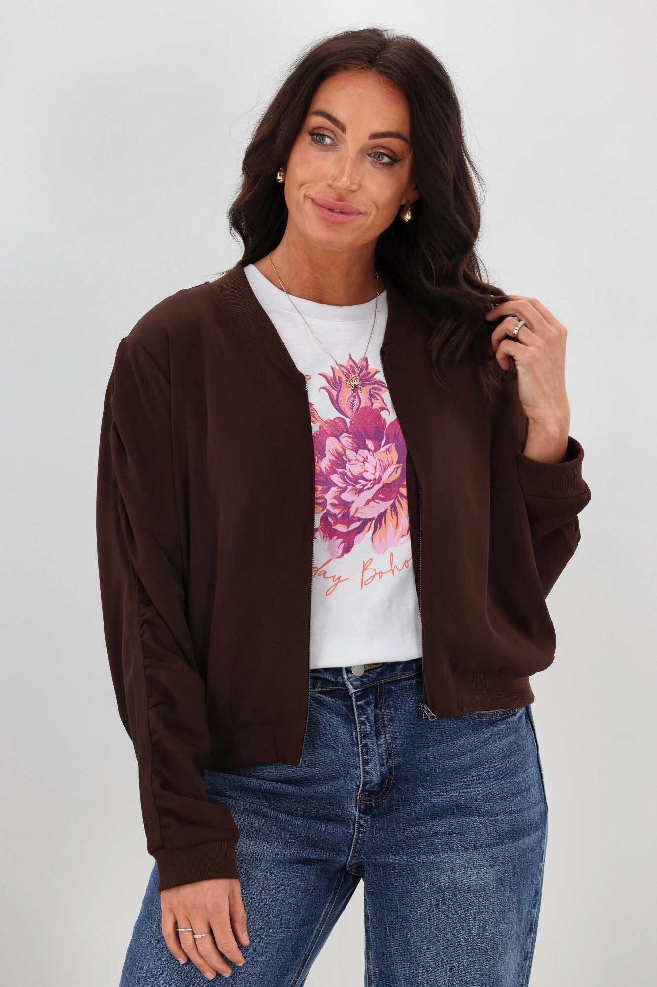 Shine On Label Hailey Gathered Sleeve Bomber Jacket Chocolate Light Activated Cooling EcoFriendly Dye