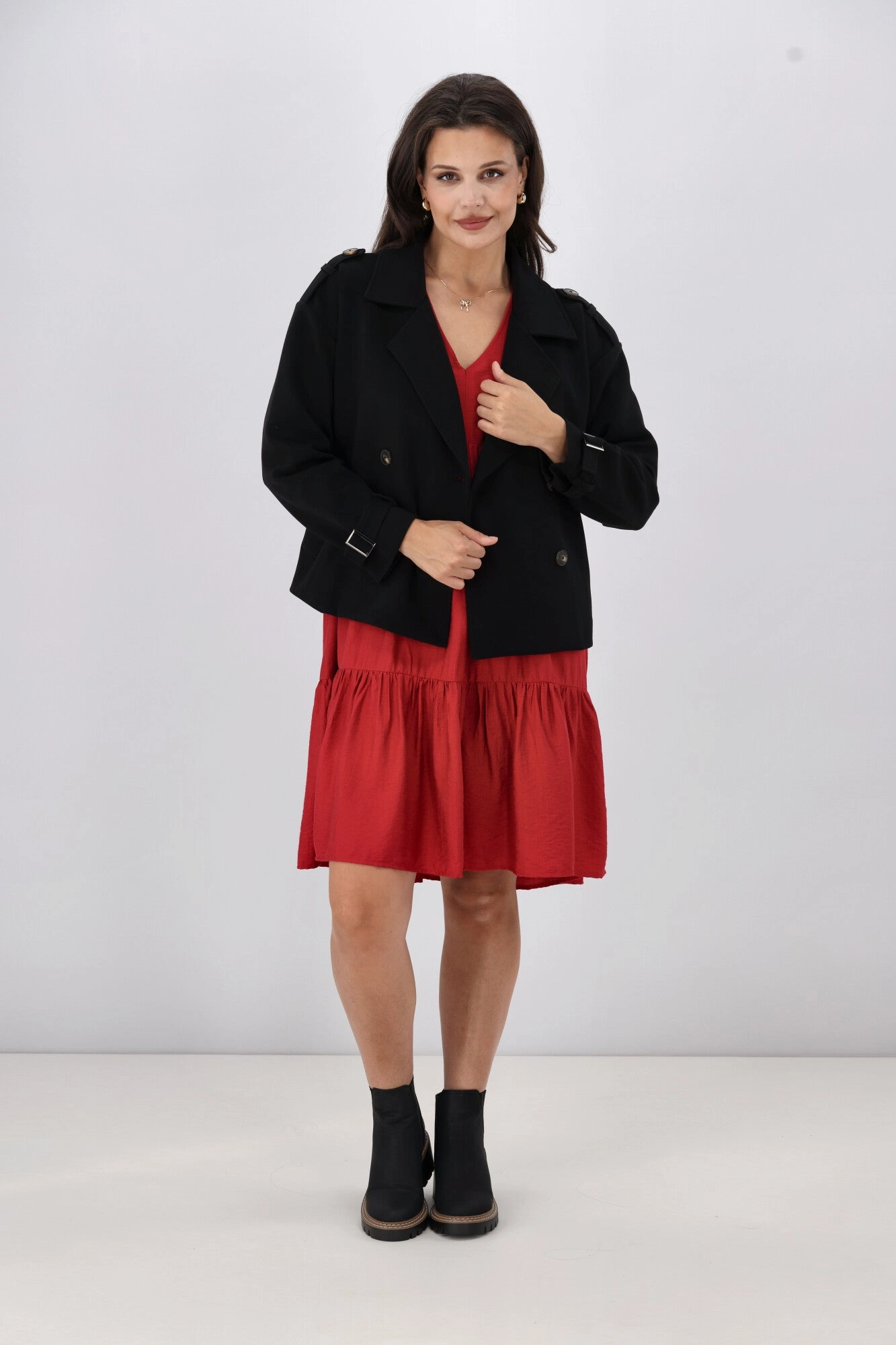 Windproof Insulated Coat Reversible Style Shine On Label London Cropped Ponte Trench Black