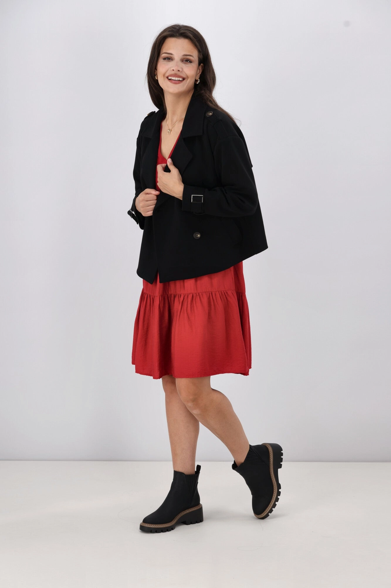 Casual Classic Shine On Label London Cropped Ponte Trench Black