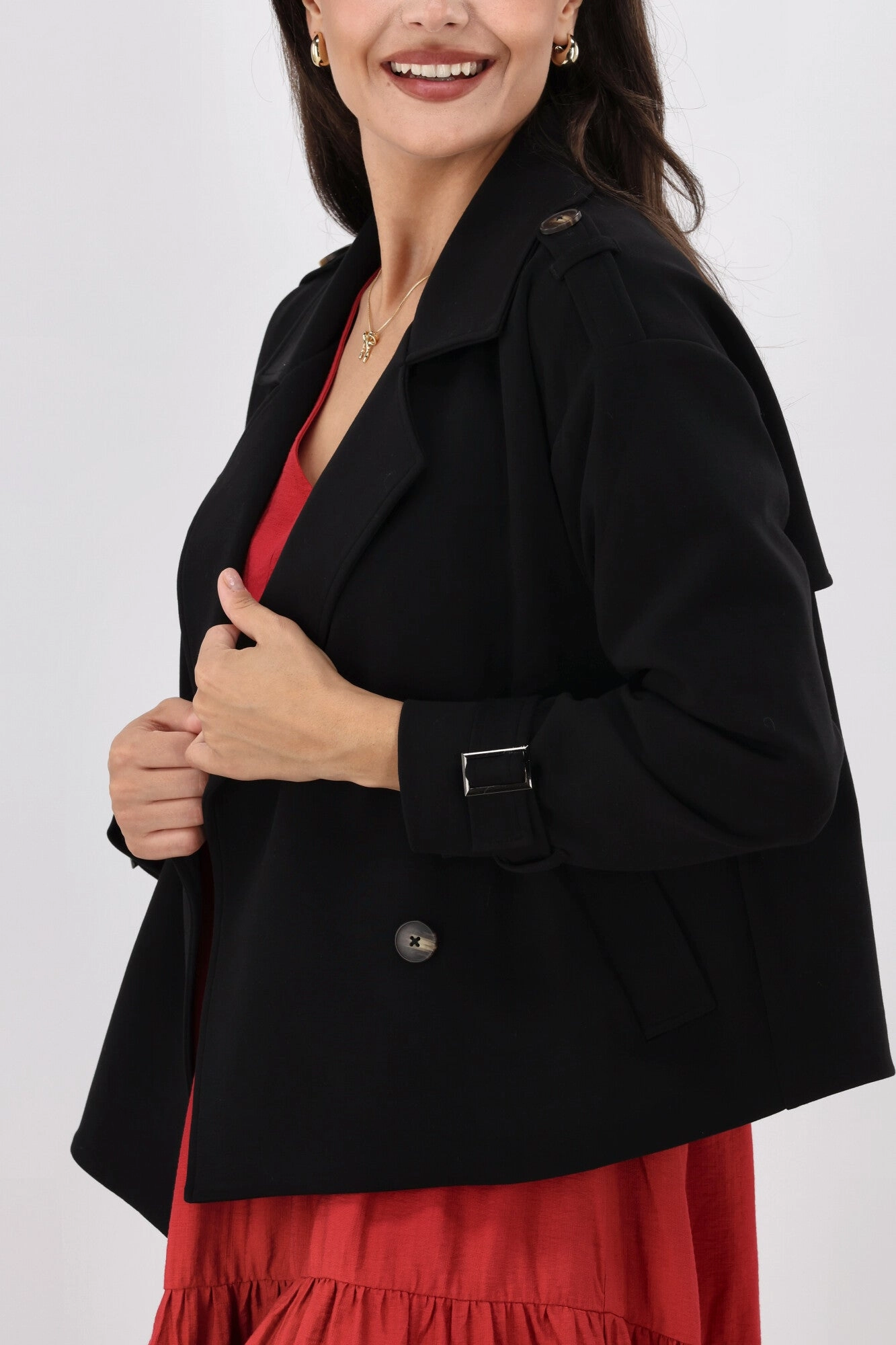 Windproof Cuffs Shine On Label London Cropped Ponte Trench Black