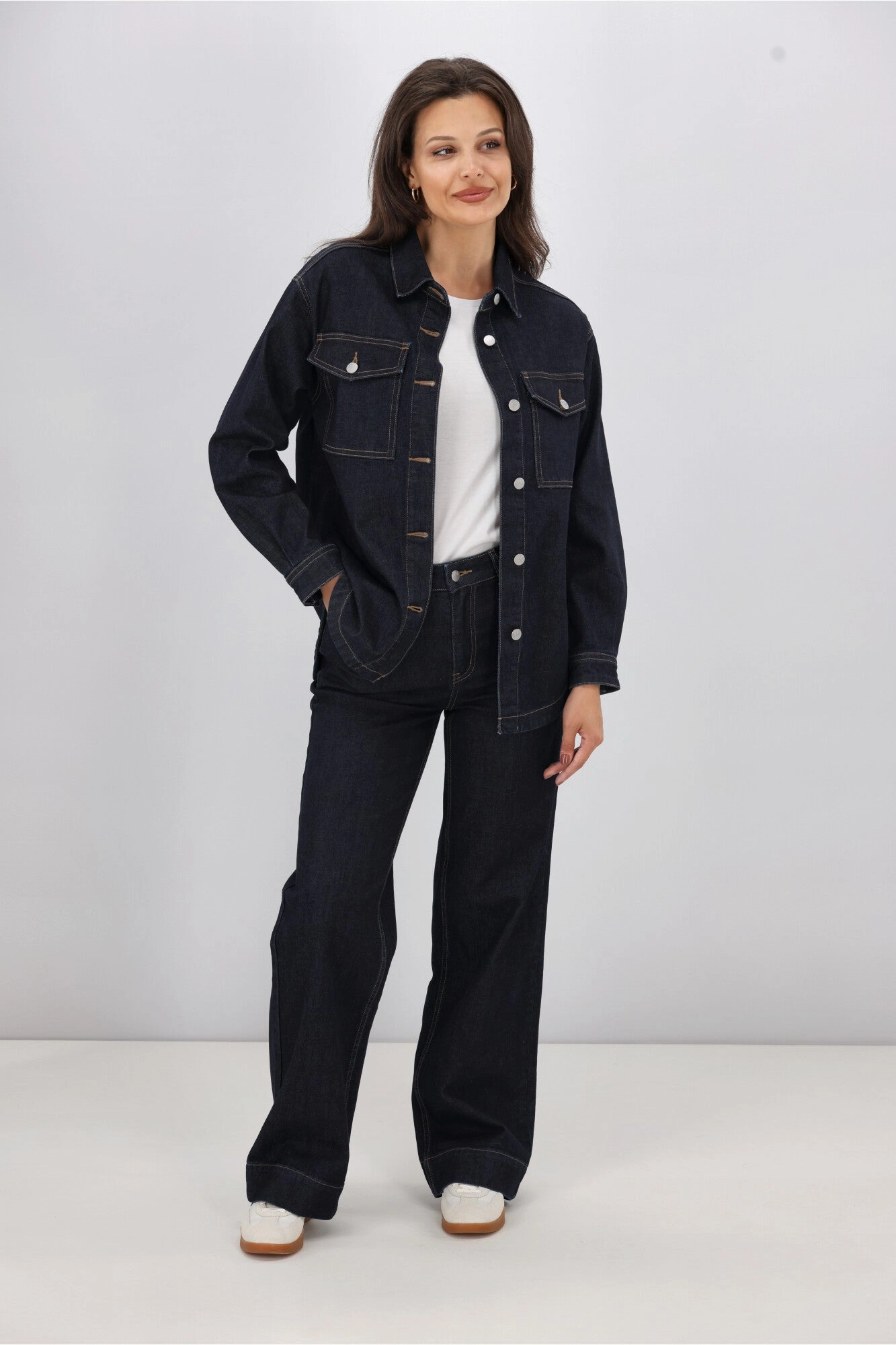 Full Length Zipper Shine On Label Urban Edge Denim Shacket Dark Indigo