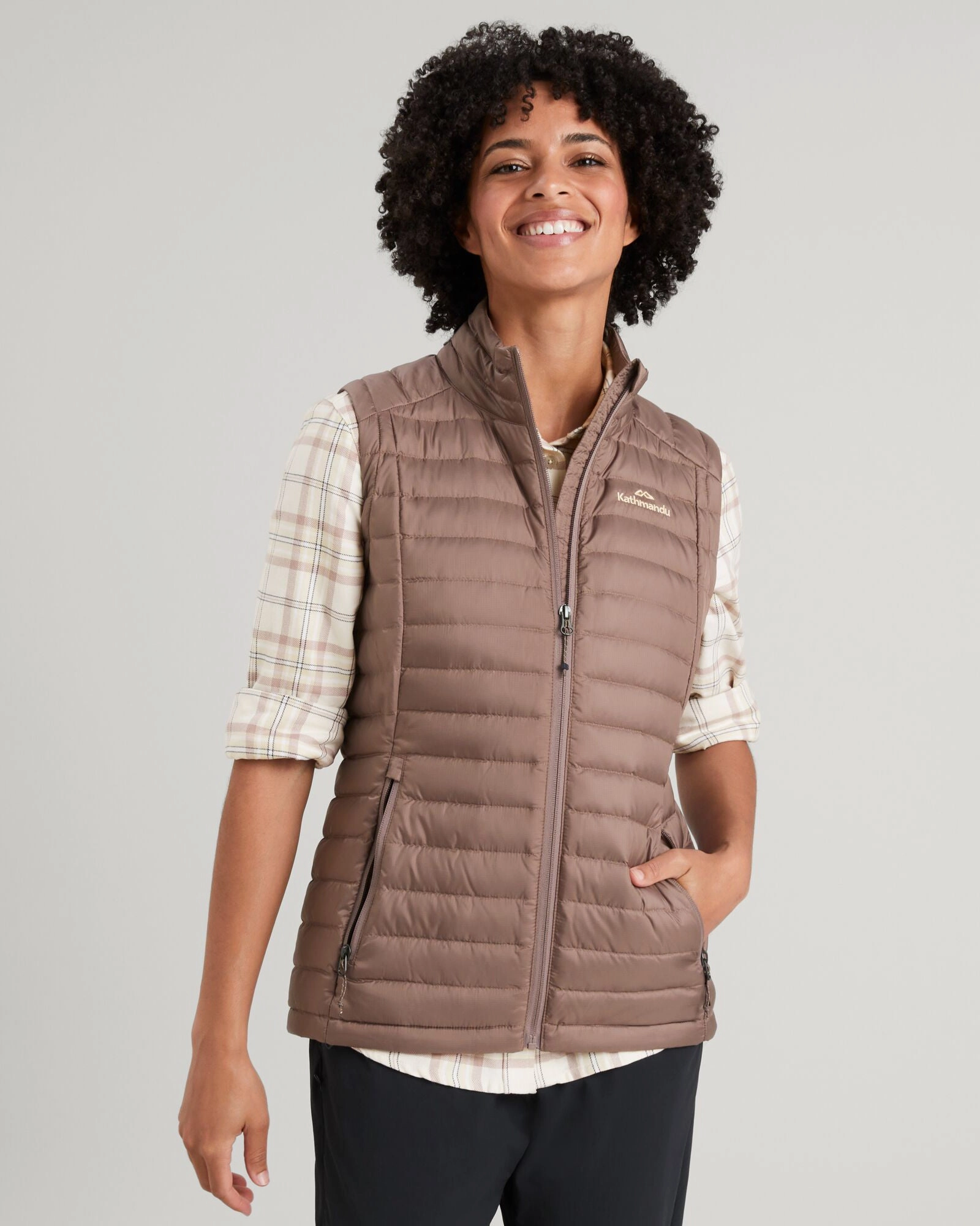 Women's Heli Down Vest - Taupe ElasticWaistband Minimalist Aesthetic