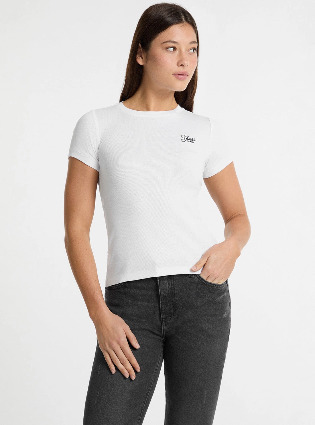 LightweightTexture Guess Jeans White Embroidered Slim Knit Top