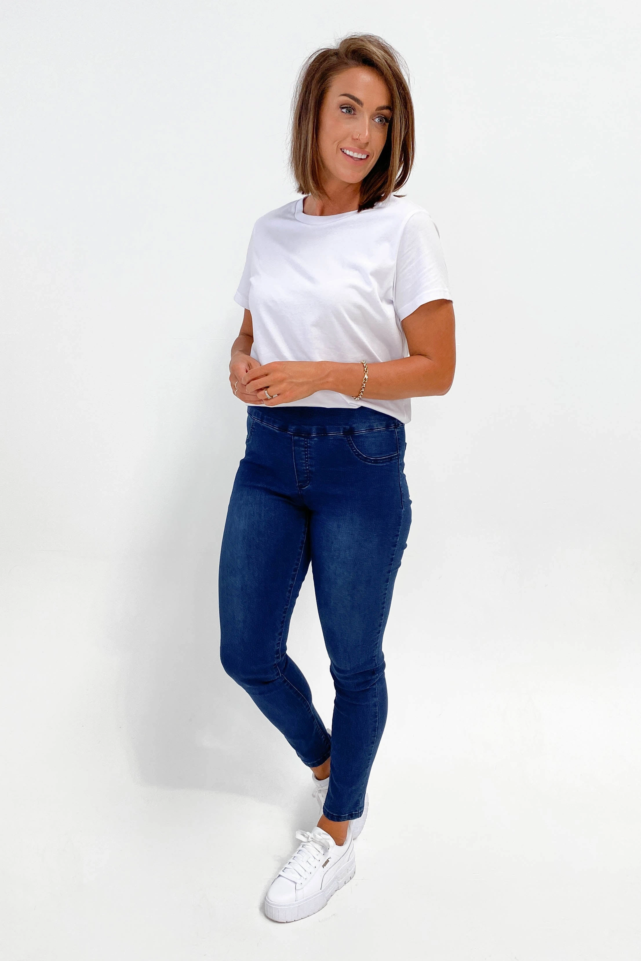 Smooth Coverage Flexible Wear Postpartum Fit Wakee Denim Moxy Pull On Jean Dark Blue