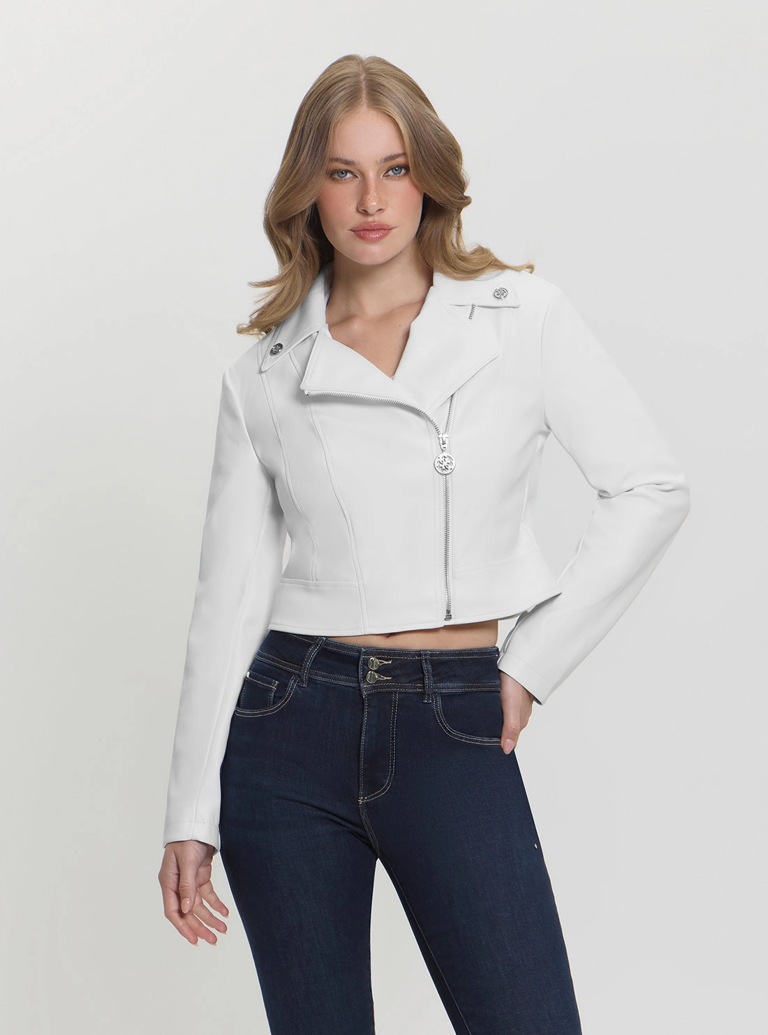 City Walking Style White Clemence Faux-Leather Jacket