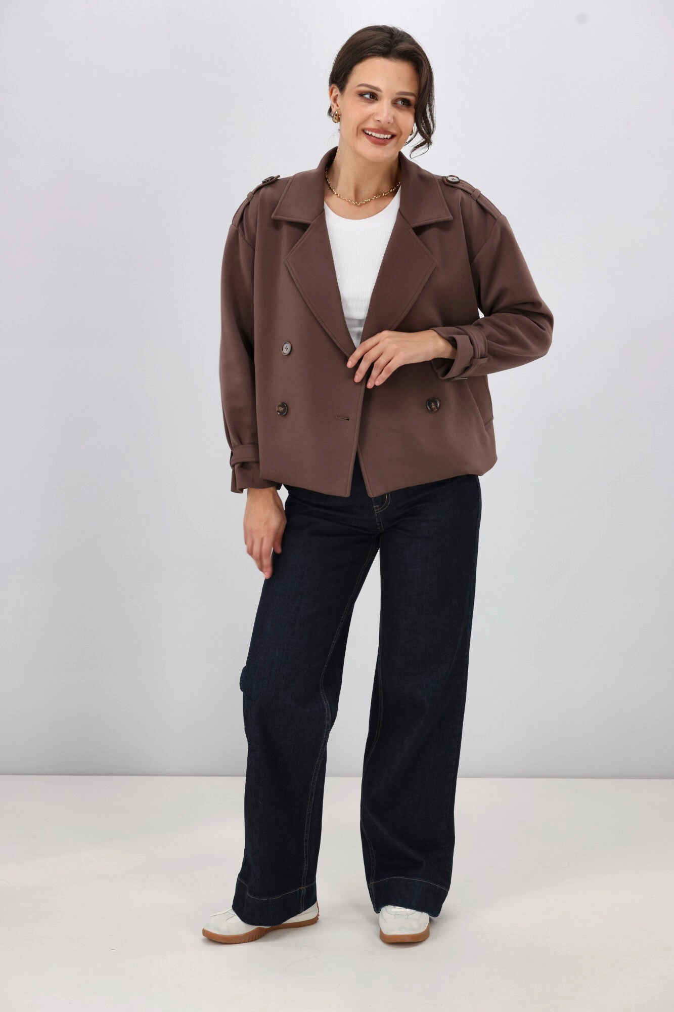 Non Bulky Design PFC Free Treatment Shine On Label London Cropped Ponte Trench Chocolate
