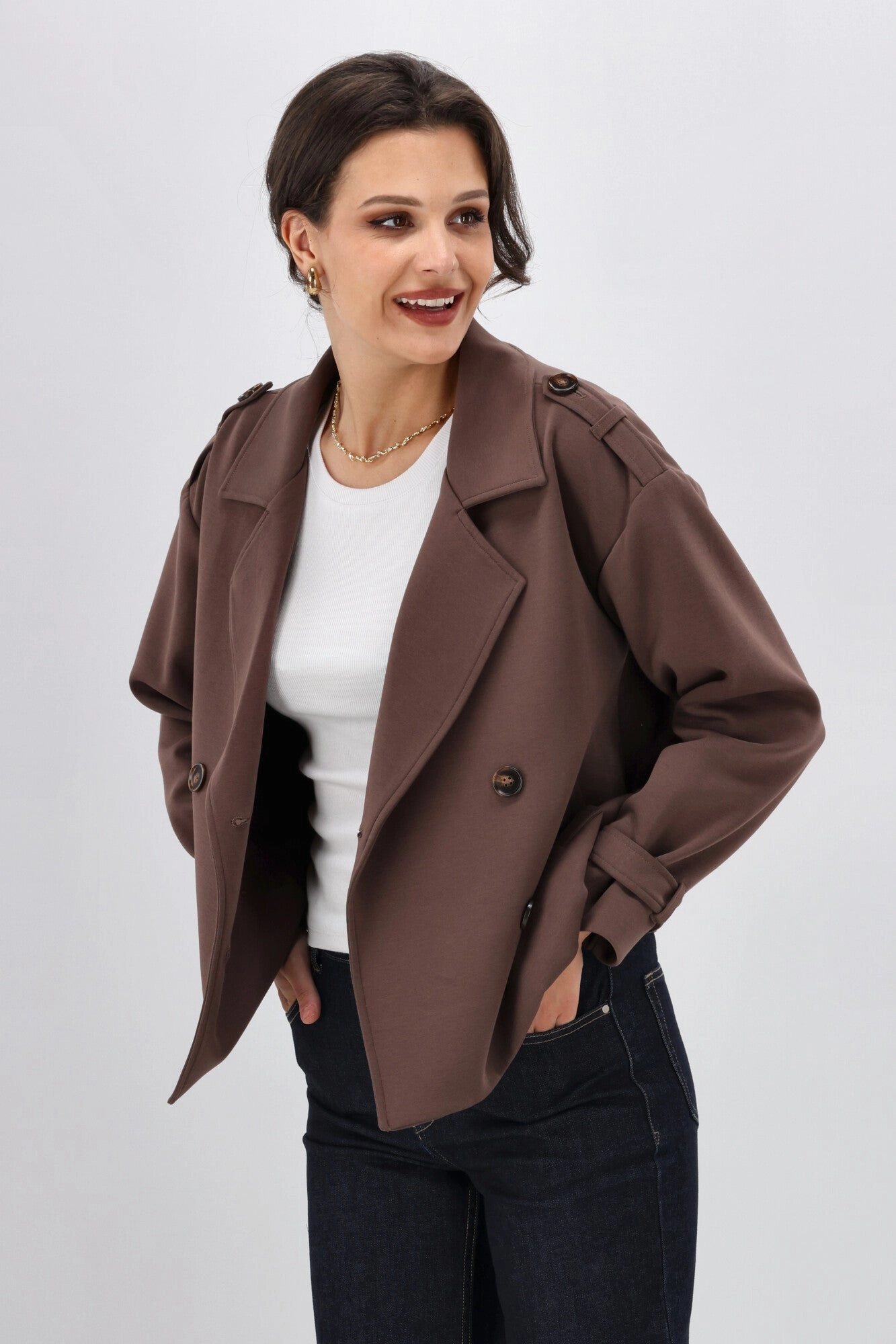 Moisture Managing Layer Shine On Label London Cropped Ponte Trench Chocolate