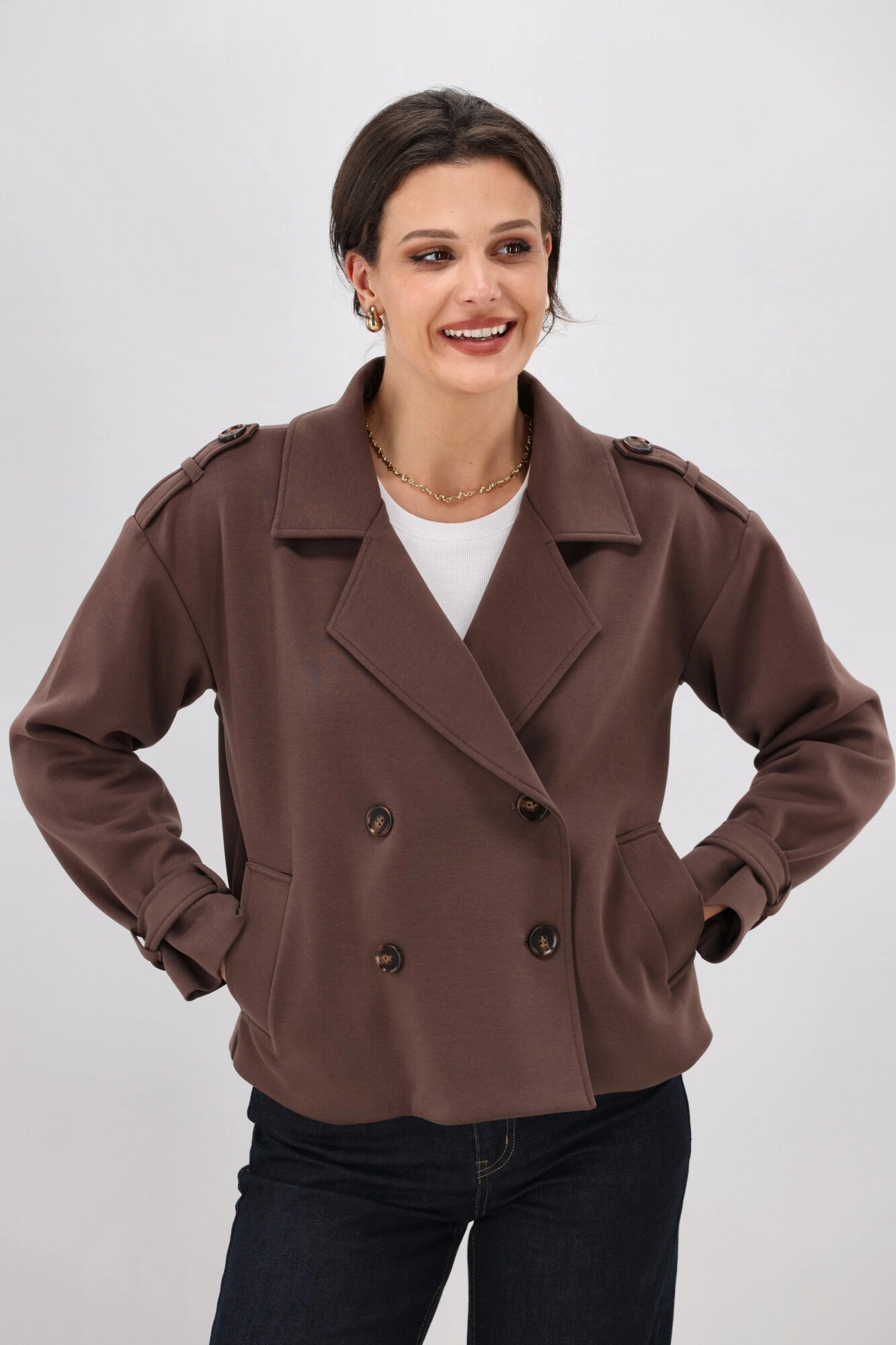 Non Iron Fabric Tech Shine On Label London Cropped Ponte Trench Chocolate