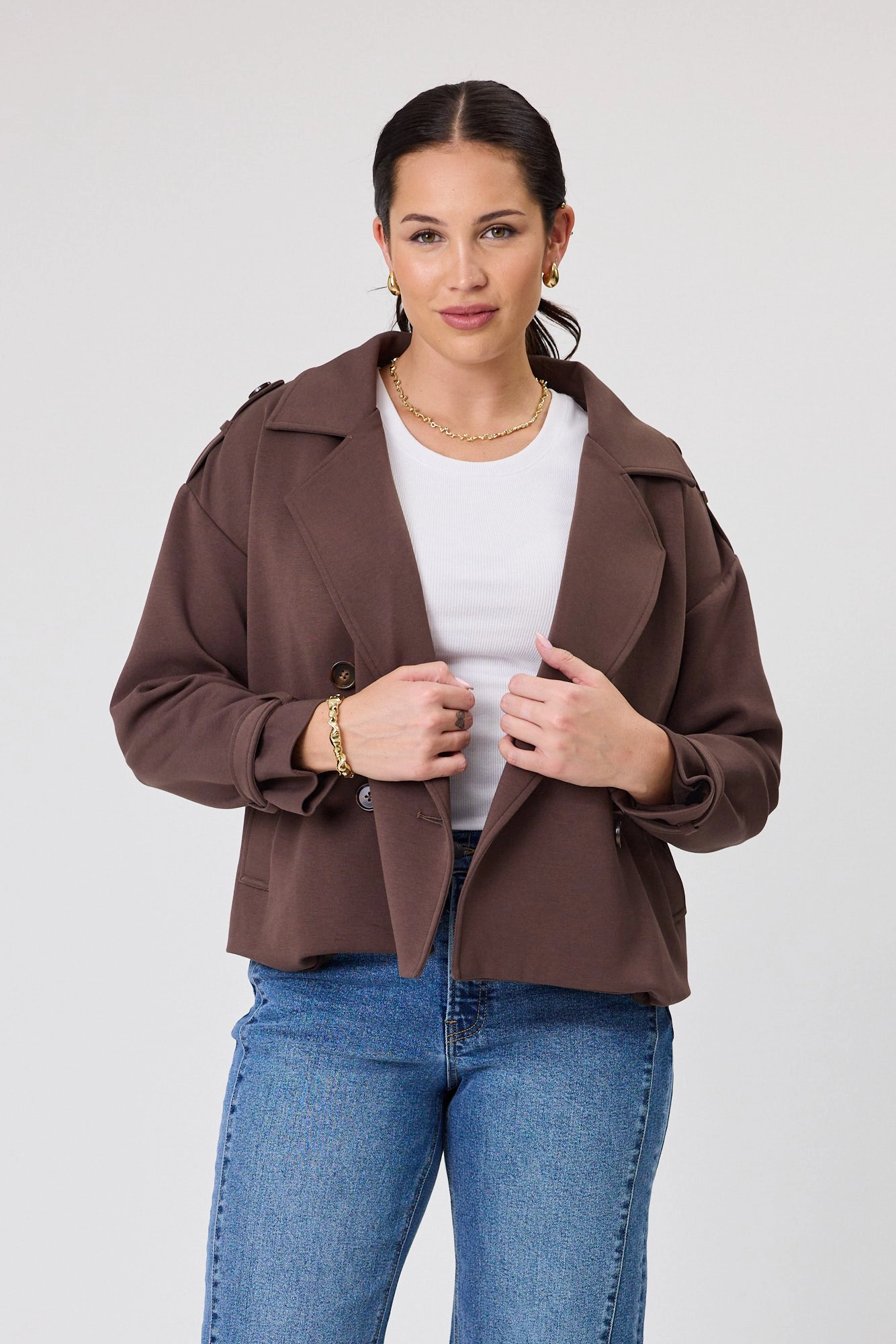 Shine On Label London Cropped Ponte Trench Chocolate NoiseFreeMaterial Magnetic Closures