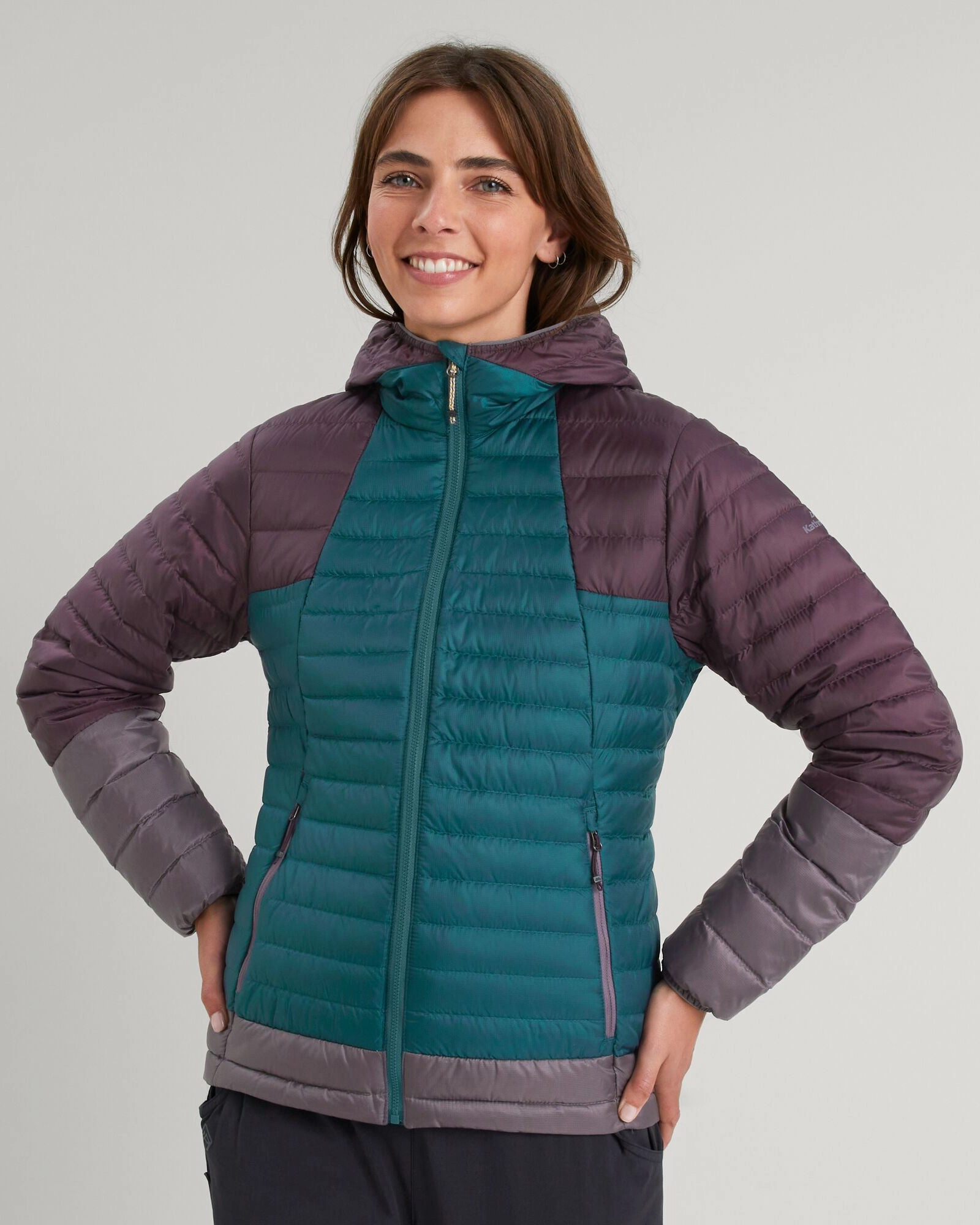 Women's Heli R Hooded Down Jacket - Deep Lagoon/Jam/Light Quartz Easy Care Fabric