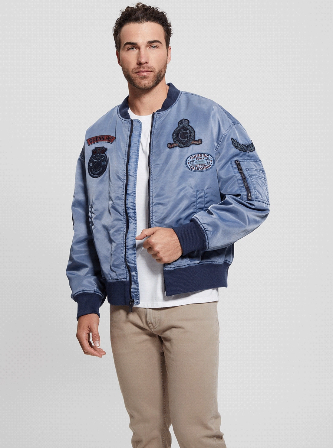 Blue Ace Twill Washed Bomber Jacket Subtle Texture