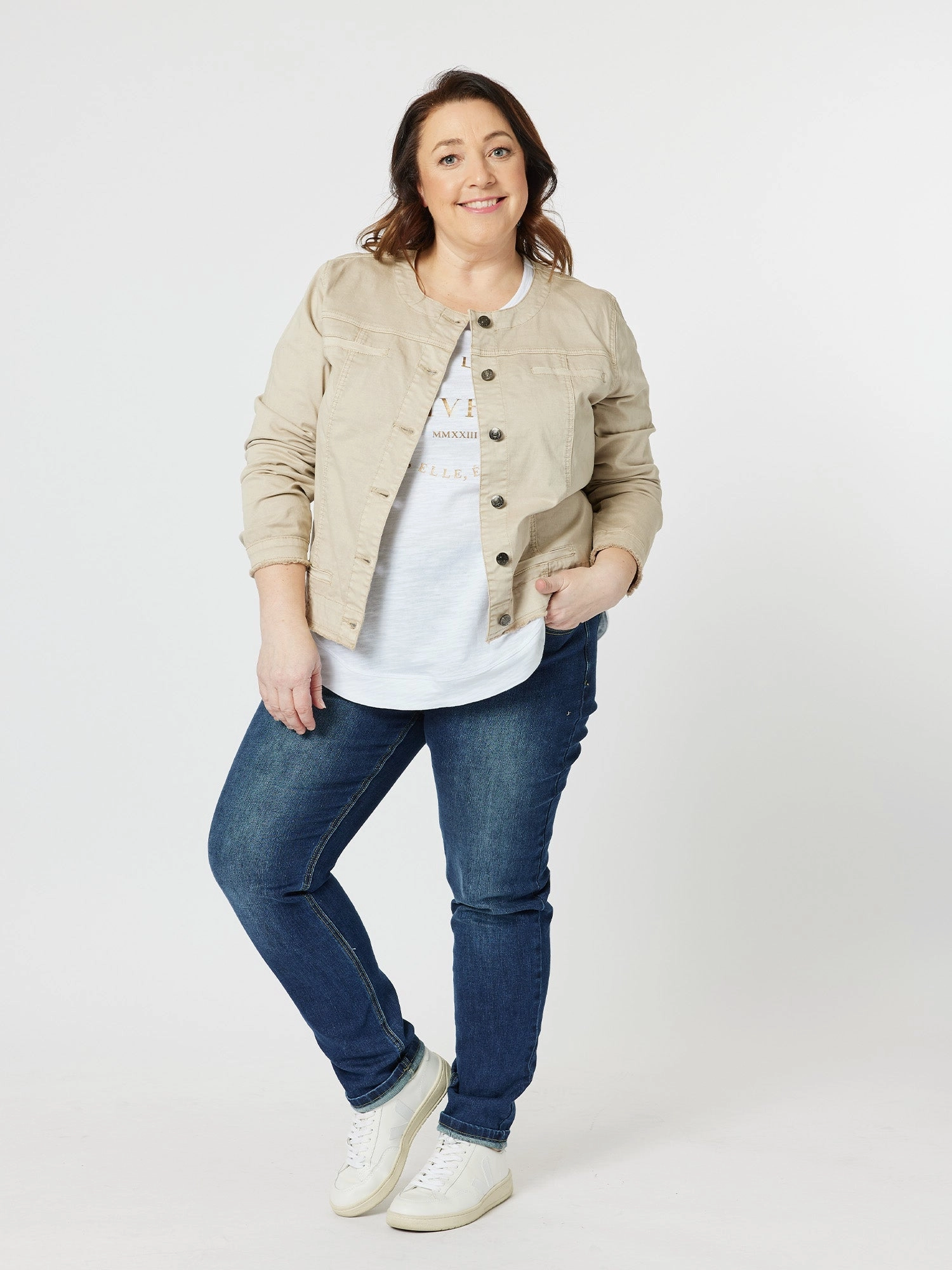 Threadz Collarless Denim Jacket Natural Cashmere Blend Minimal Travel Look