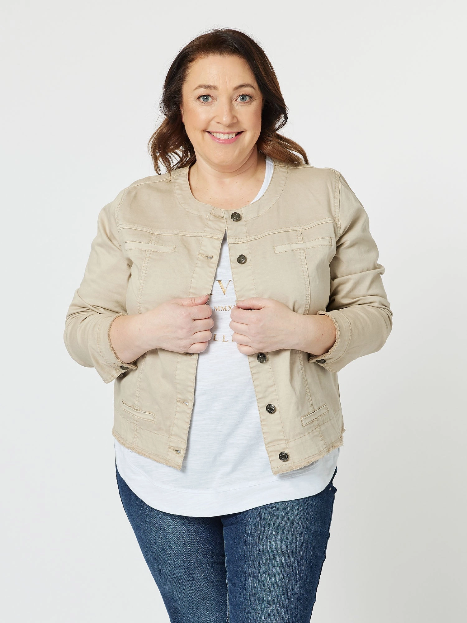 Threadz Collarless Denim Jacket Natural Smart Casual AllDay Comfort Design