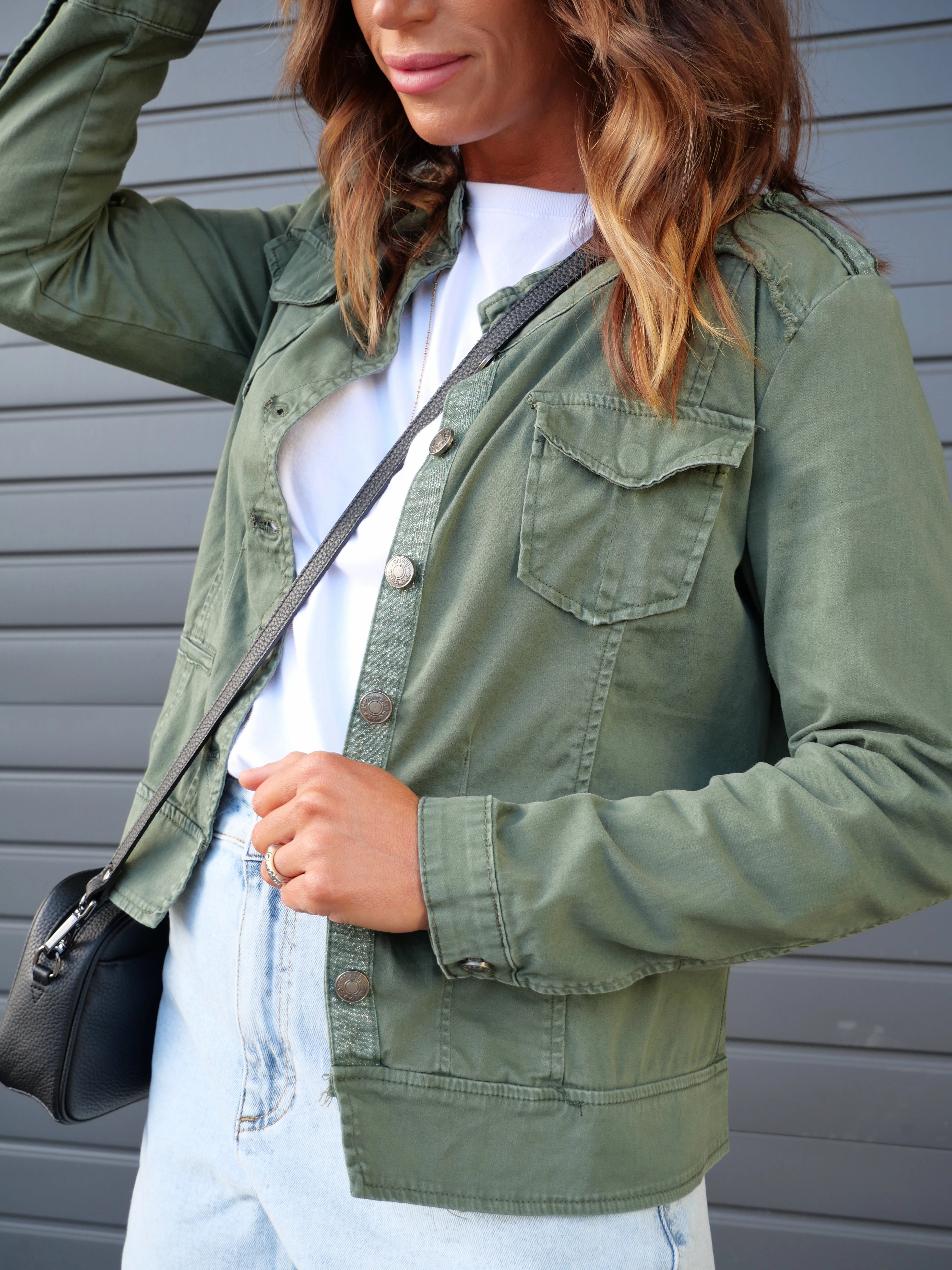 Threadz Military Denim Jacket Khaki Elastic Hem Adjustment