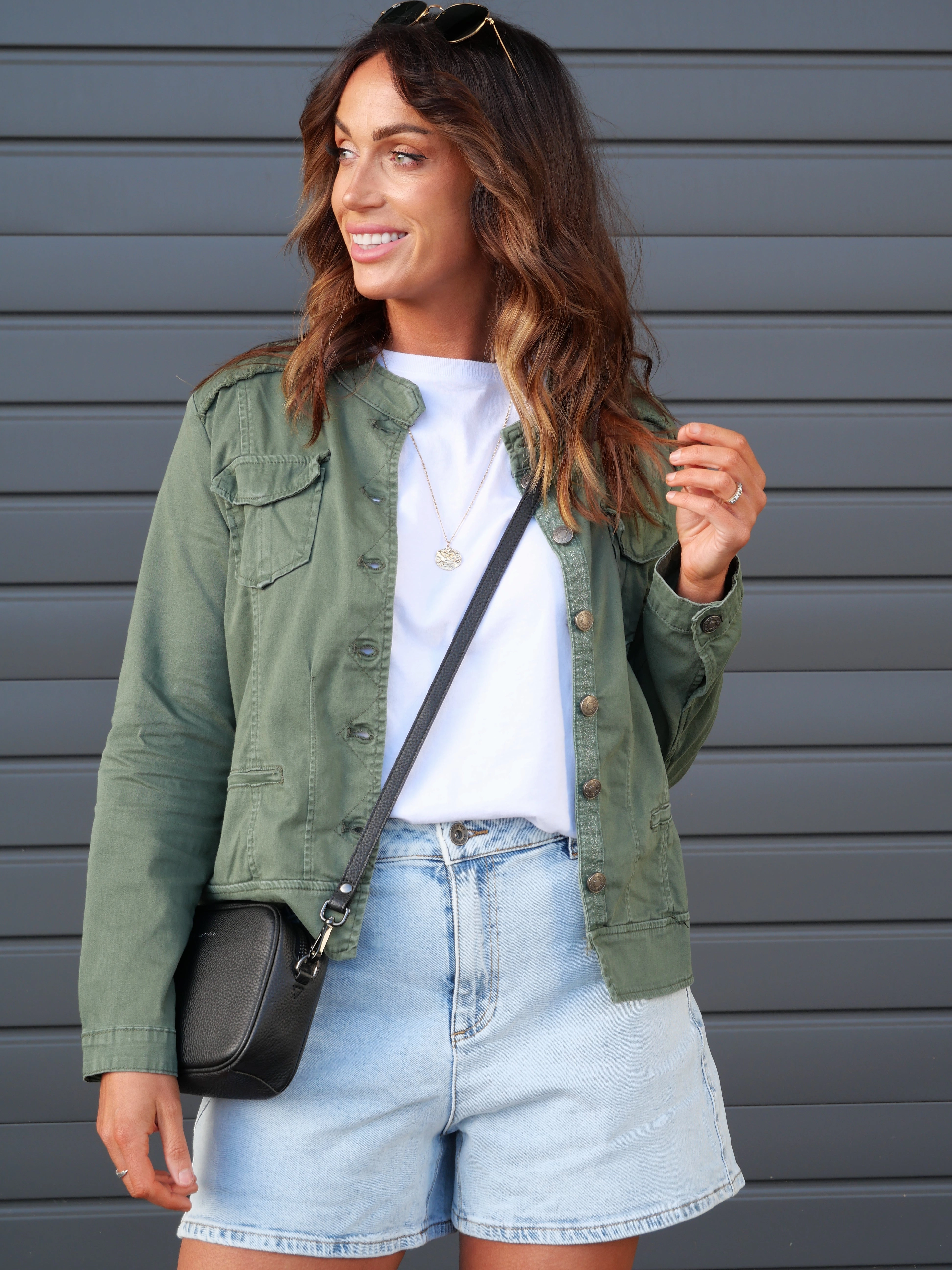 Threadz Military Denim Jacket Khaki Comfort Stretch Fabric