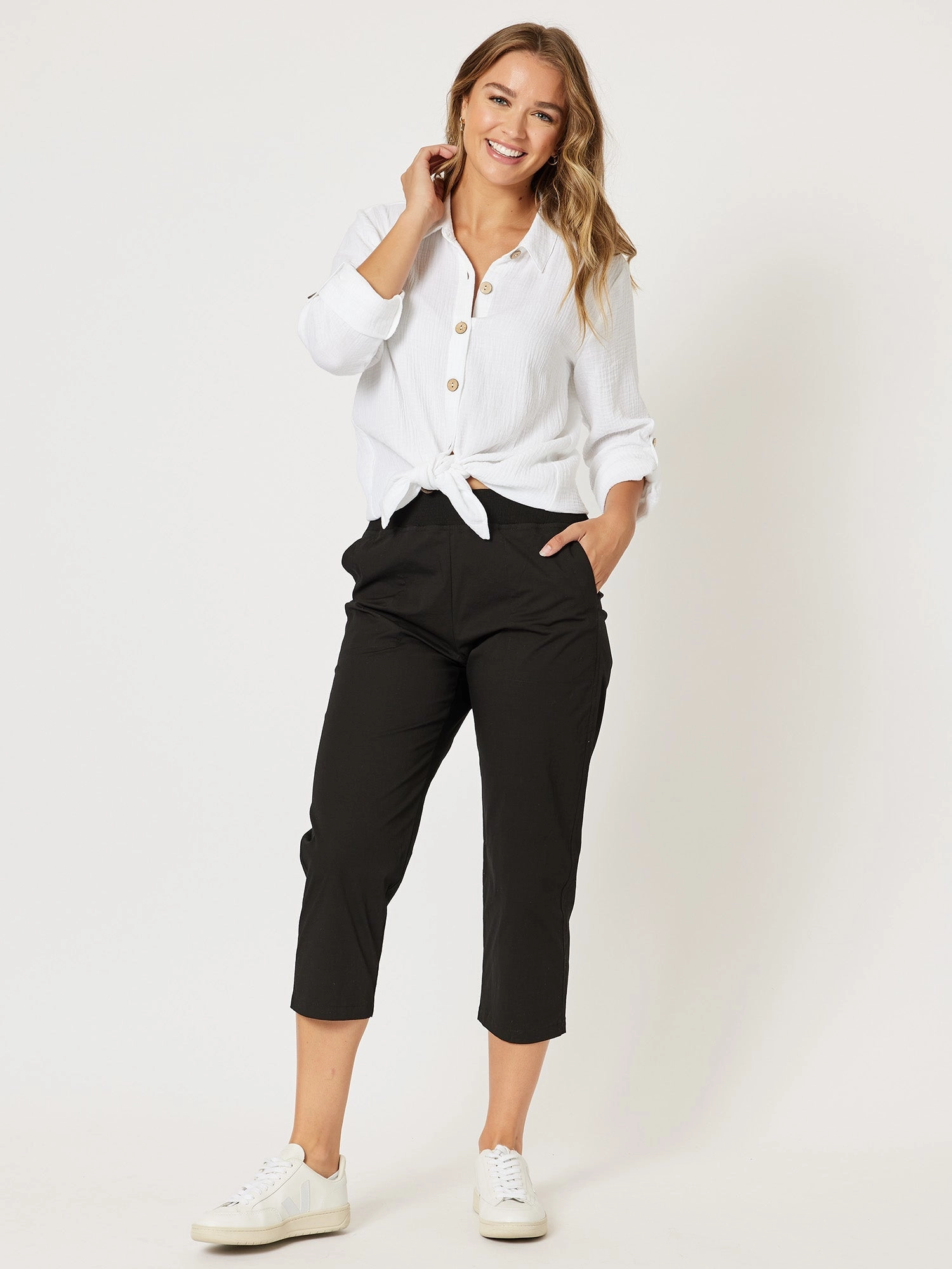 Threadz Santorini Cotton Pant Black High Waist Casual Wearer Travel Outfit Shape Retain