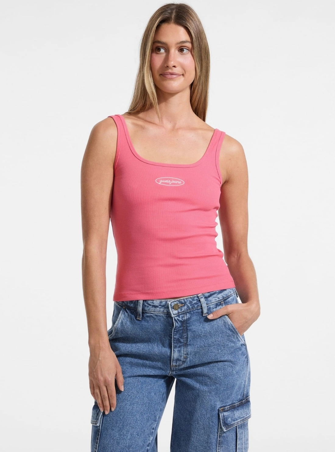 Guess Jeans Pink Embroidered Logo Tank Top Layered Sleeve