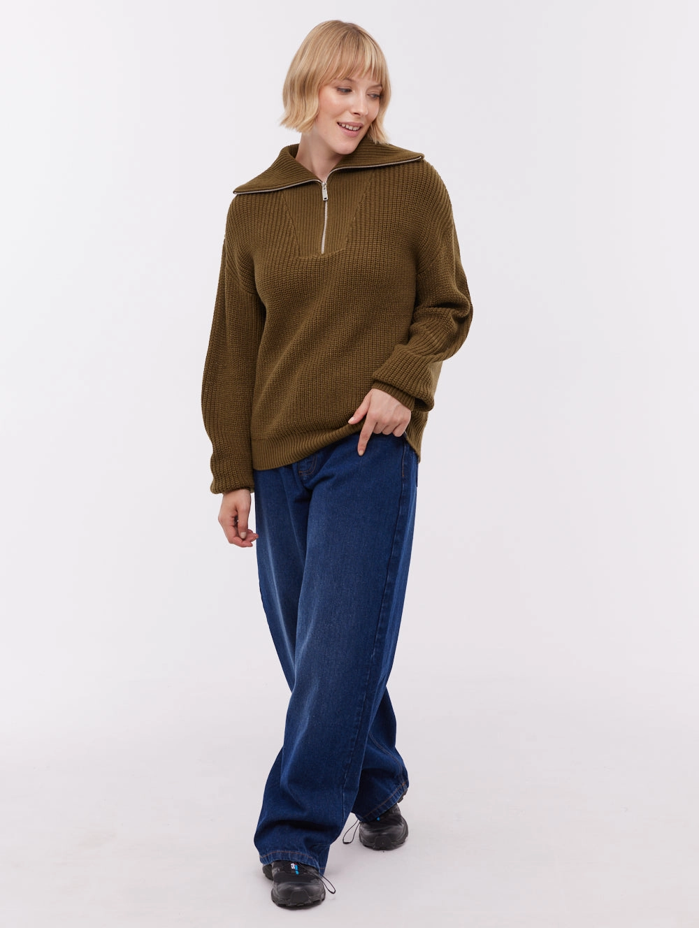 Thurynn Oversize Zippered Funnel Sweater - Green Bonded Hemline