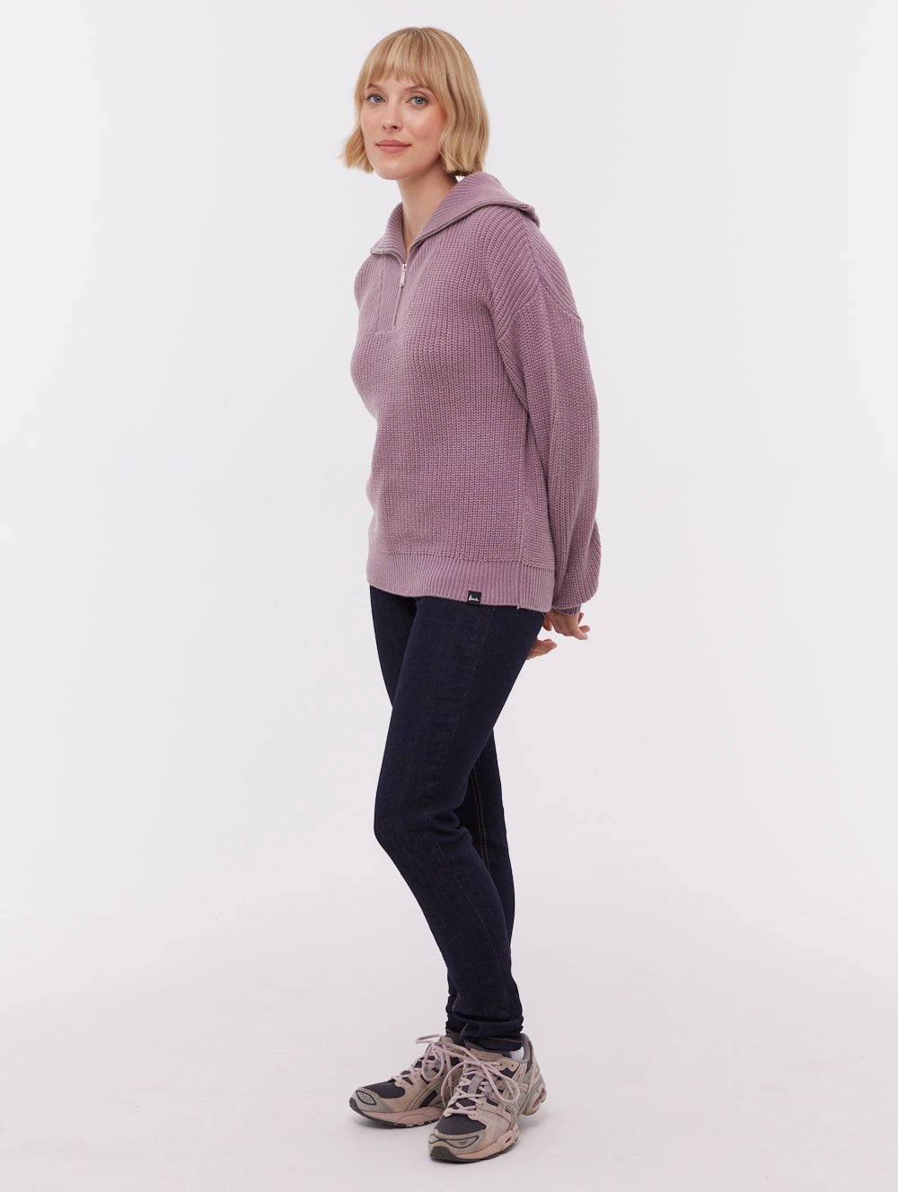 Thurynn Oversize Zippered Funnel Sweater - Purple Four Way Stretch Easy Care Material