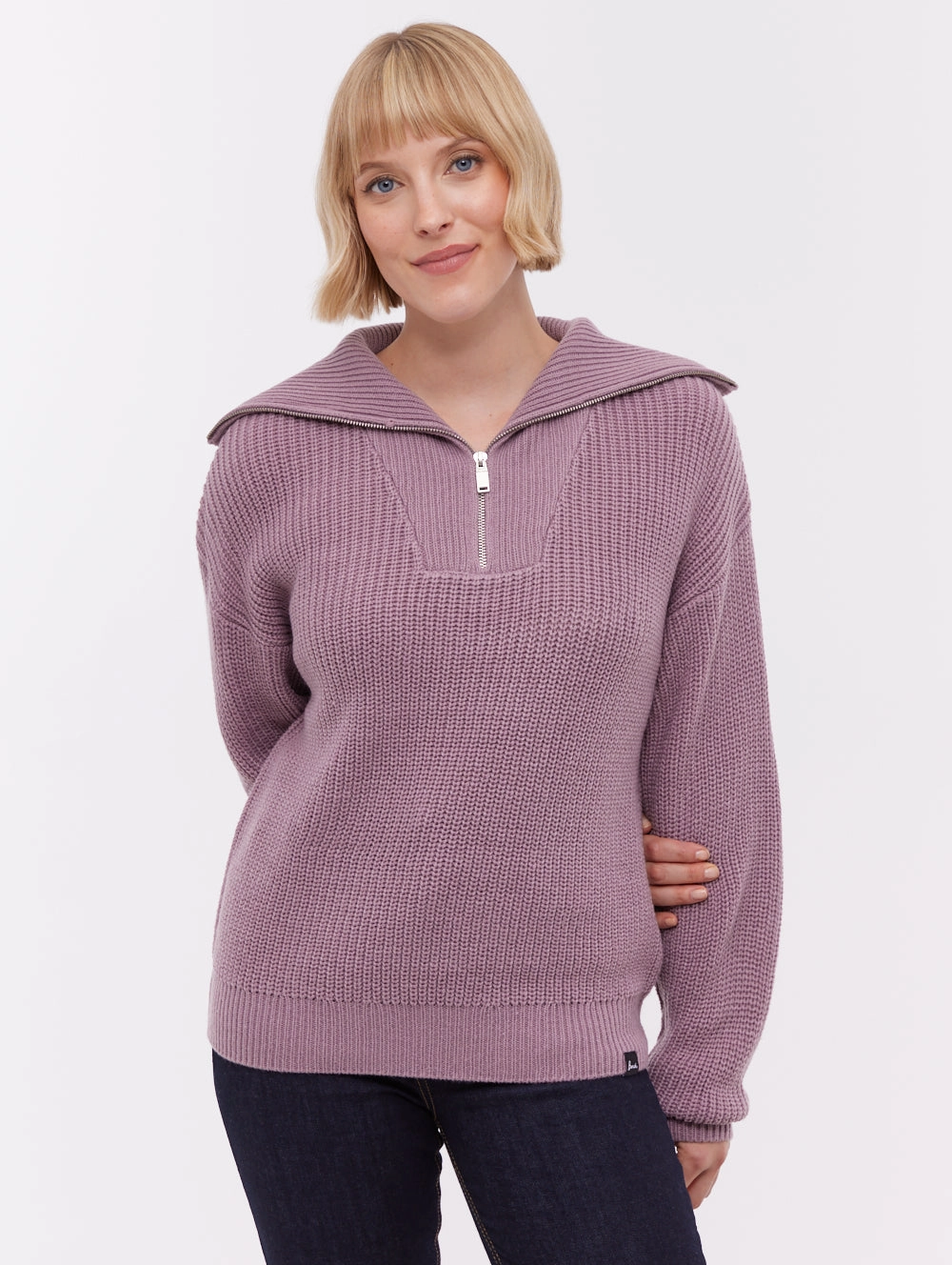 Thurynn Oversize Zippered Funnel Sweater - Purple SoftFeel Fabric Classic Cut