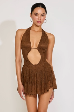 TIE NECK OPEN BACK & FRONT LACE RUFFLED MINI DRESS Designer-Label Dainty Finish