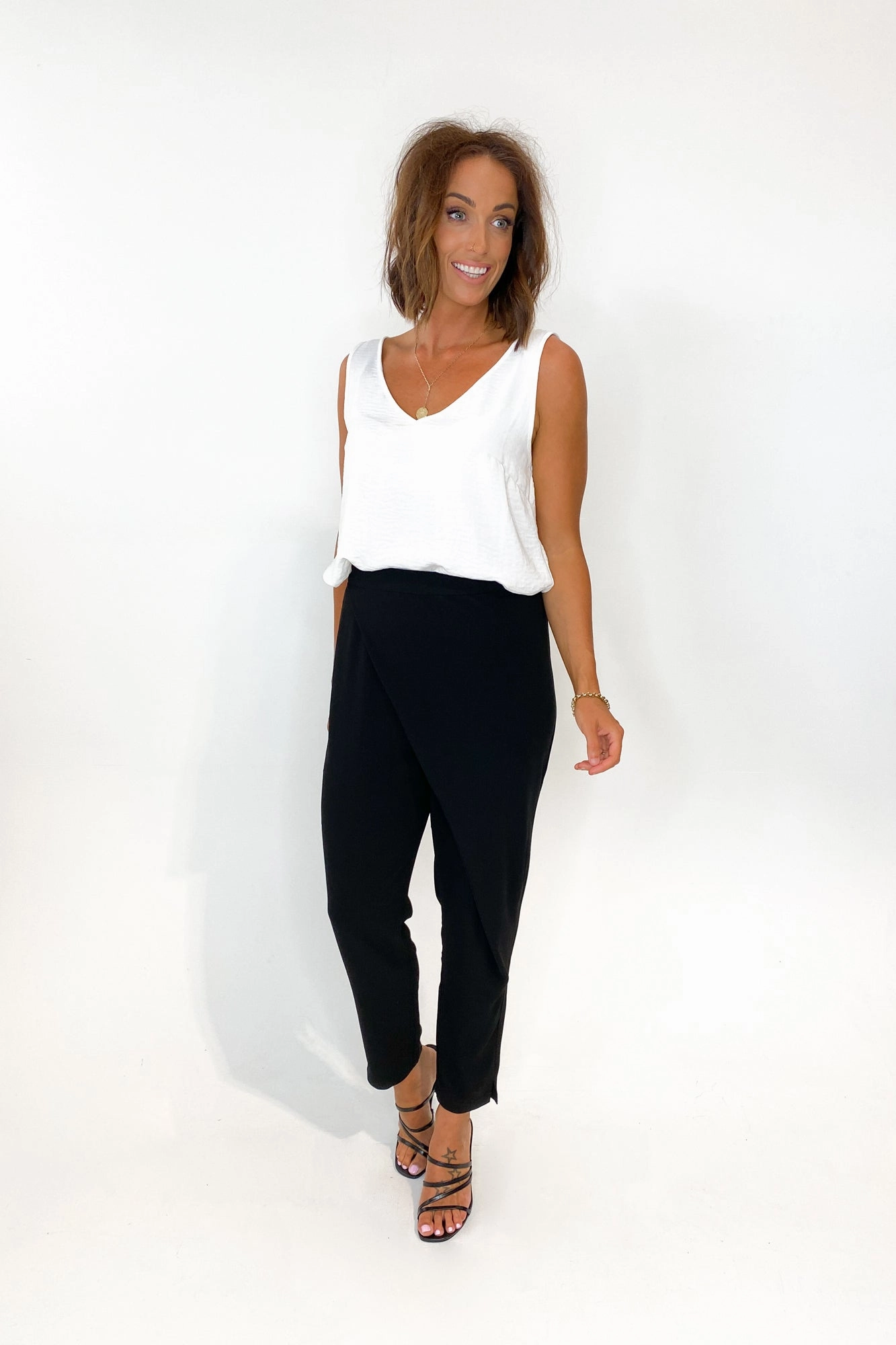 Chic Performance Fit Stay Put Cuffs Gloss by Shine On Eliana Wrap Front Pants Black