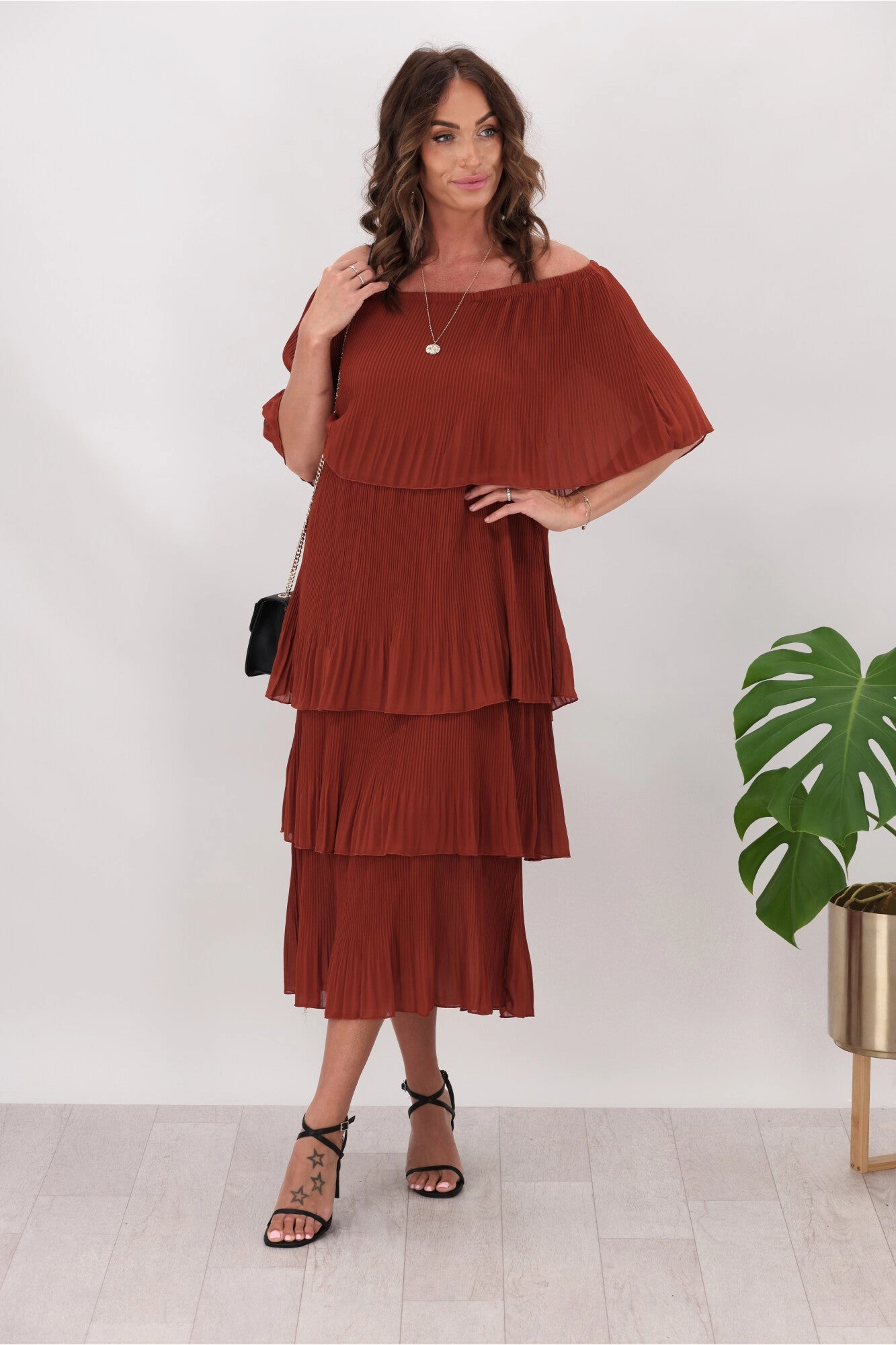 Water-resistant Layered-Look Sambara Abbie Pleated Layer Dress Rust
