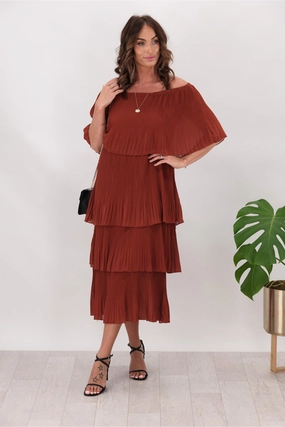 Water-resistant Layered-Look Sambara Abbie Pleated Layer Dress Rust