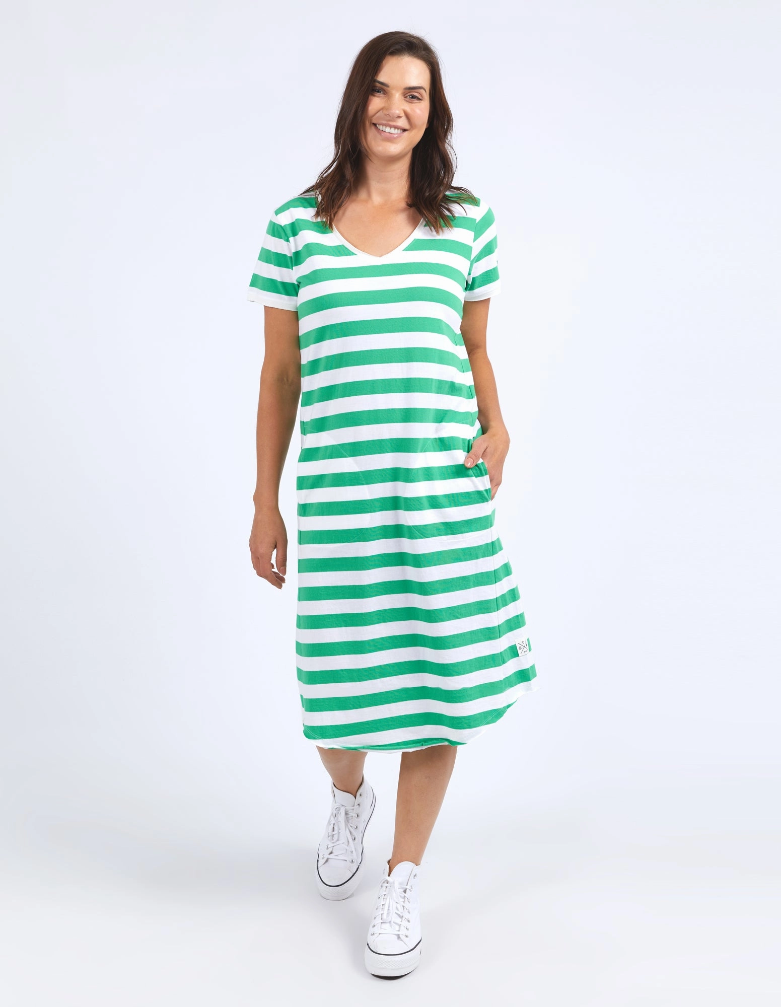 Elm Maeve Midi Dress Greenbriar & White Stripe Relaxed Style Wear