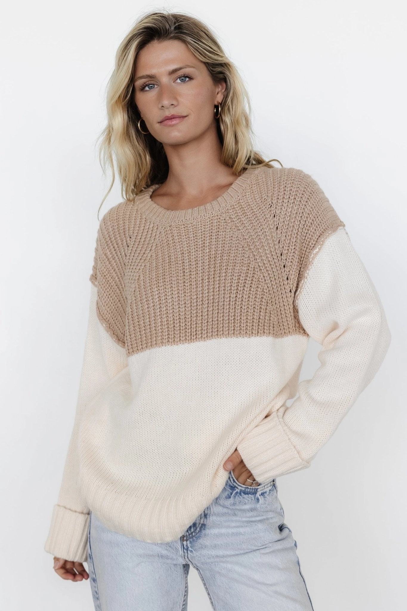Mabel Cuffed Sweater | Cream   Taupe Cozy Design
