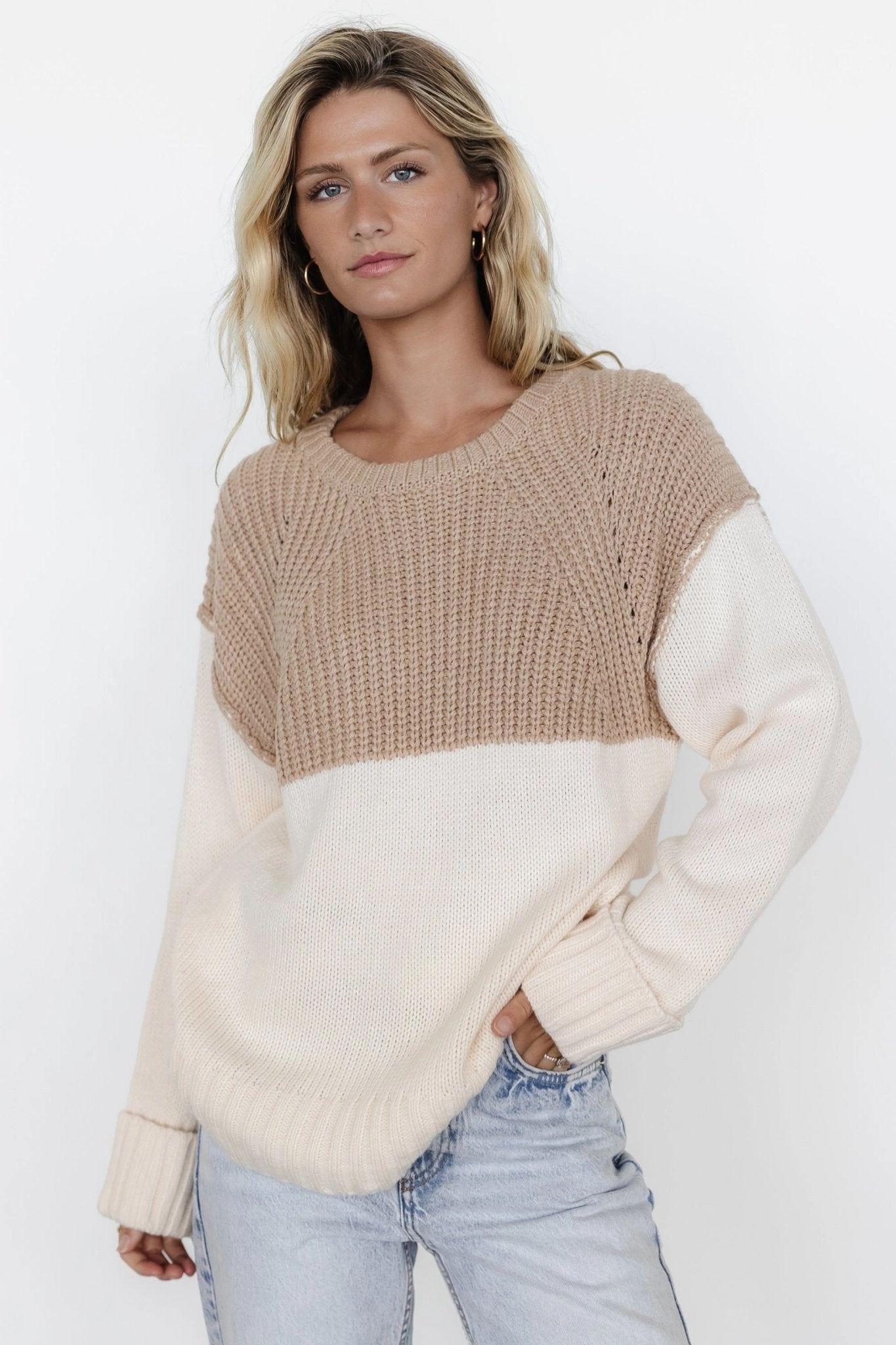 Warm Base Mabel Cuffed Sweater | Cream   Taupe