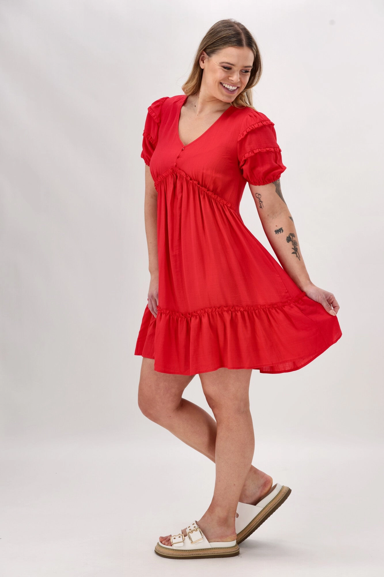 Airy Fit Day Magic Gloss The Label Dale Frill Detail Puff Sleeve Dress Coral