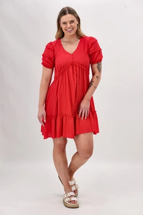 Soft Lines Gender Free Gloss The Label Dale Frill Detail Puff Sleeve Dress Coral