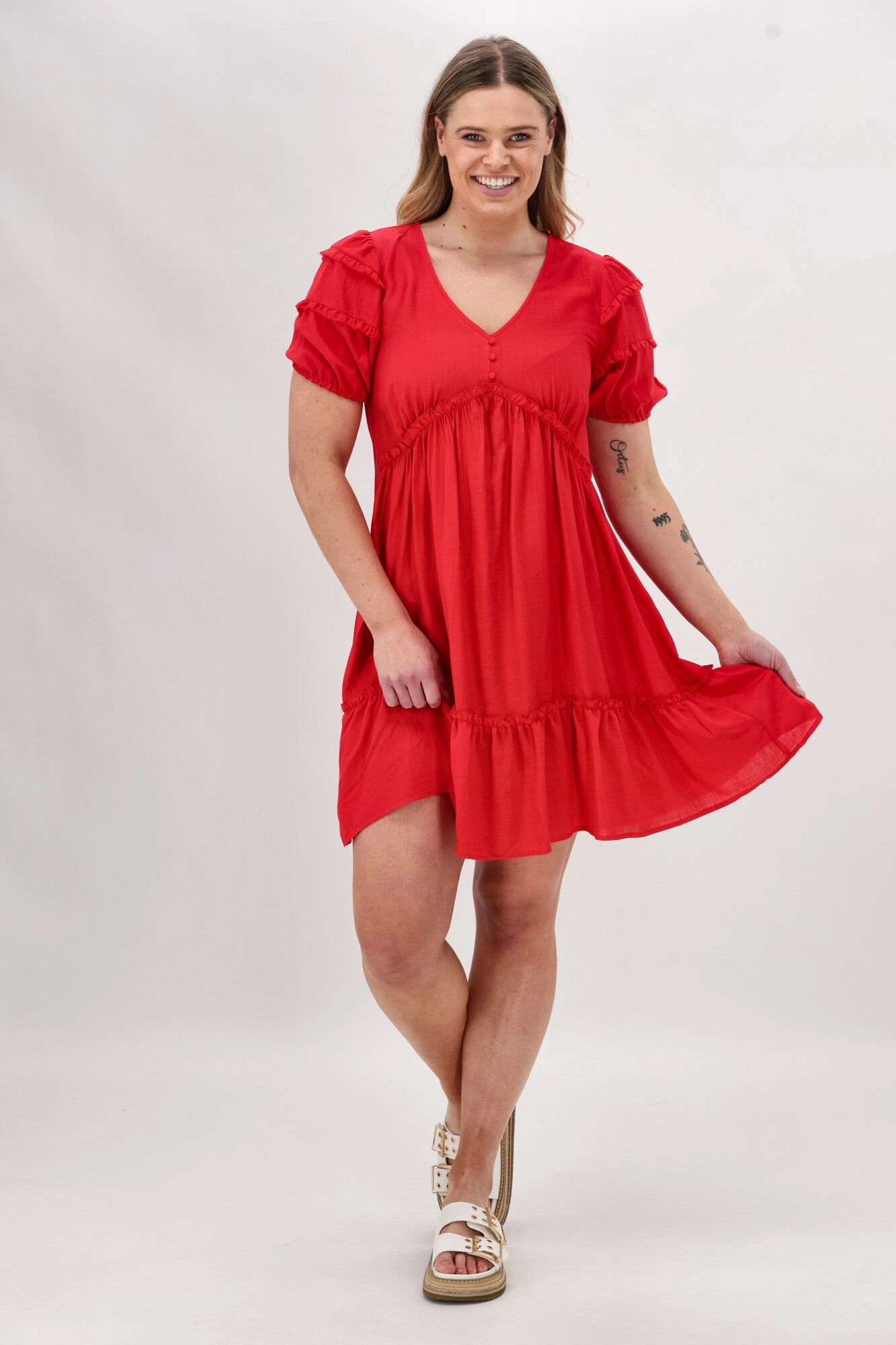 Gloss The Label Dale Frill Detail Puff Sleeve Dress Coral Summer Fashion