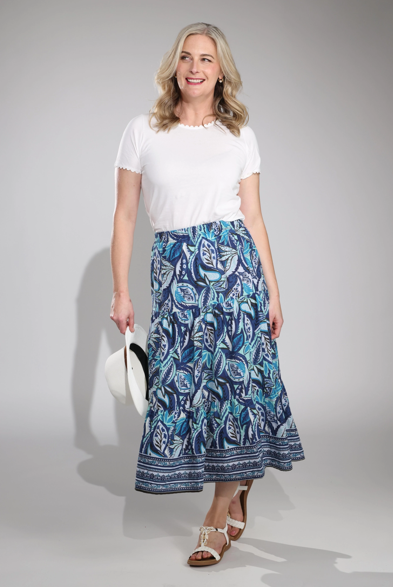 Tiered Skirt | Indigo Mint Border | 6511C1 Travel Influence