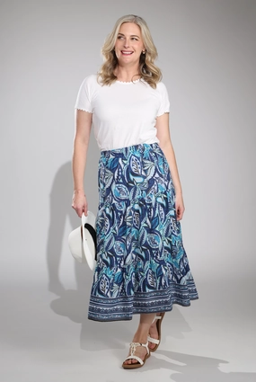 Tiered Skirt | Indigo Mint Border | 6511C1 Travel Influence