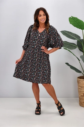 Shine On Label Nova Puff Sleeve Dress Black Ditsy Sophisticated cocktail dress Timeless Appeal