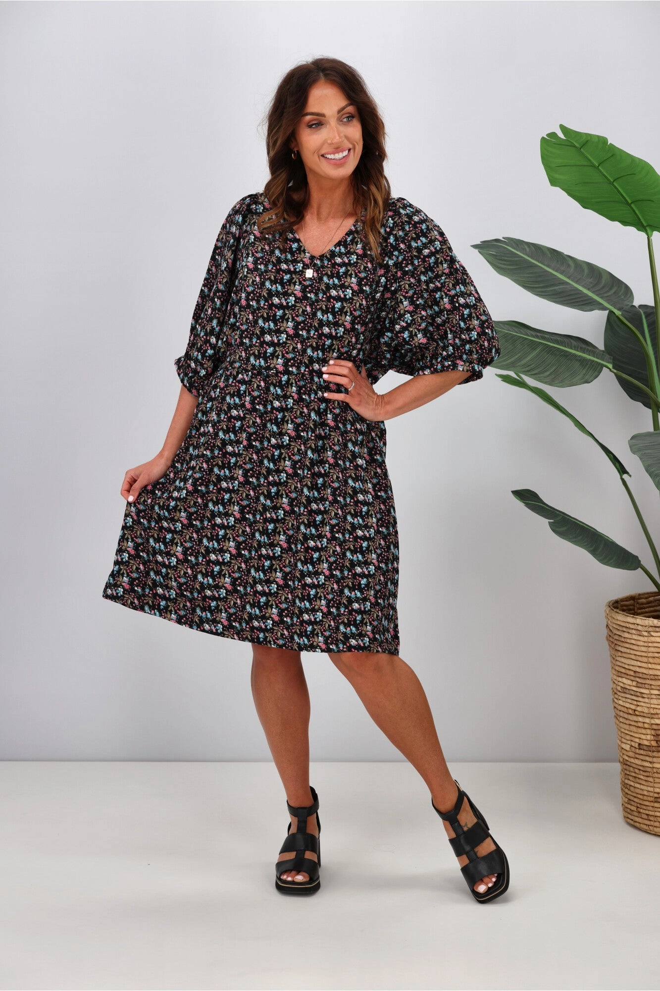 Shine On Label Nova Puff Sleeve Dress Black Ditsy Sophisticated cocktail dress Timeless Appeal