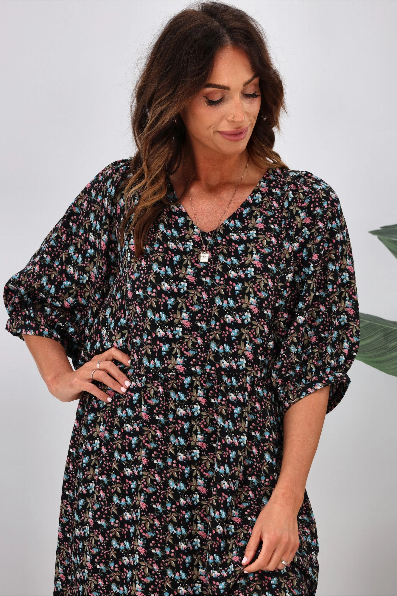 Comfort Layer Wear Shine On Label Nova Puff Sleeve Dress Black Ditsy